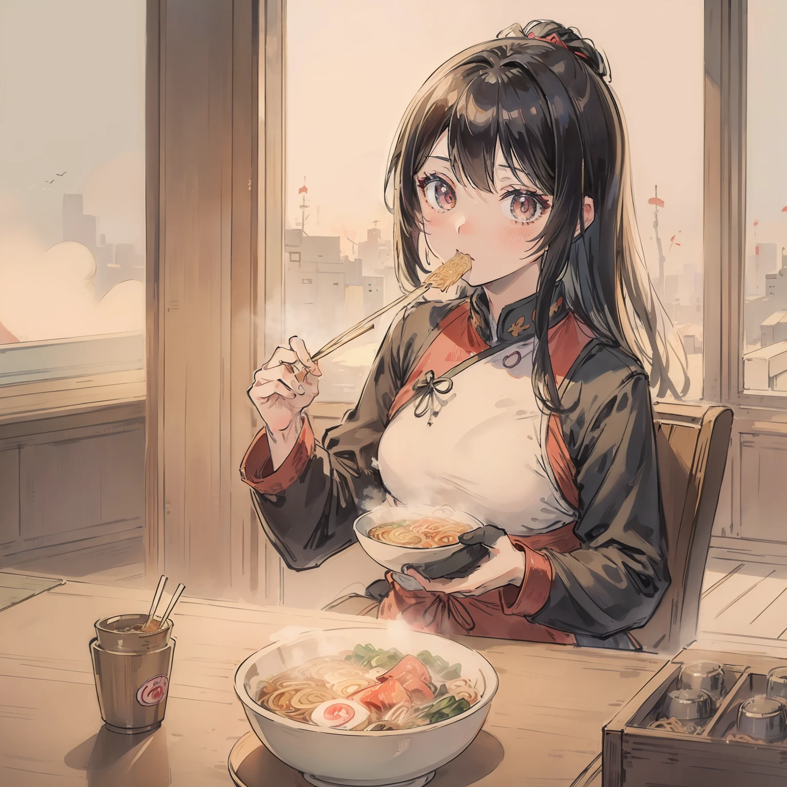 animesque。a beauty girl。small tits。Eating ramen。Wearing a military uniform。Zero-Two Wind。