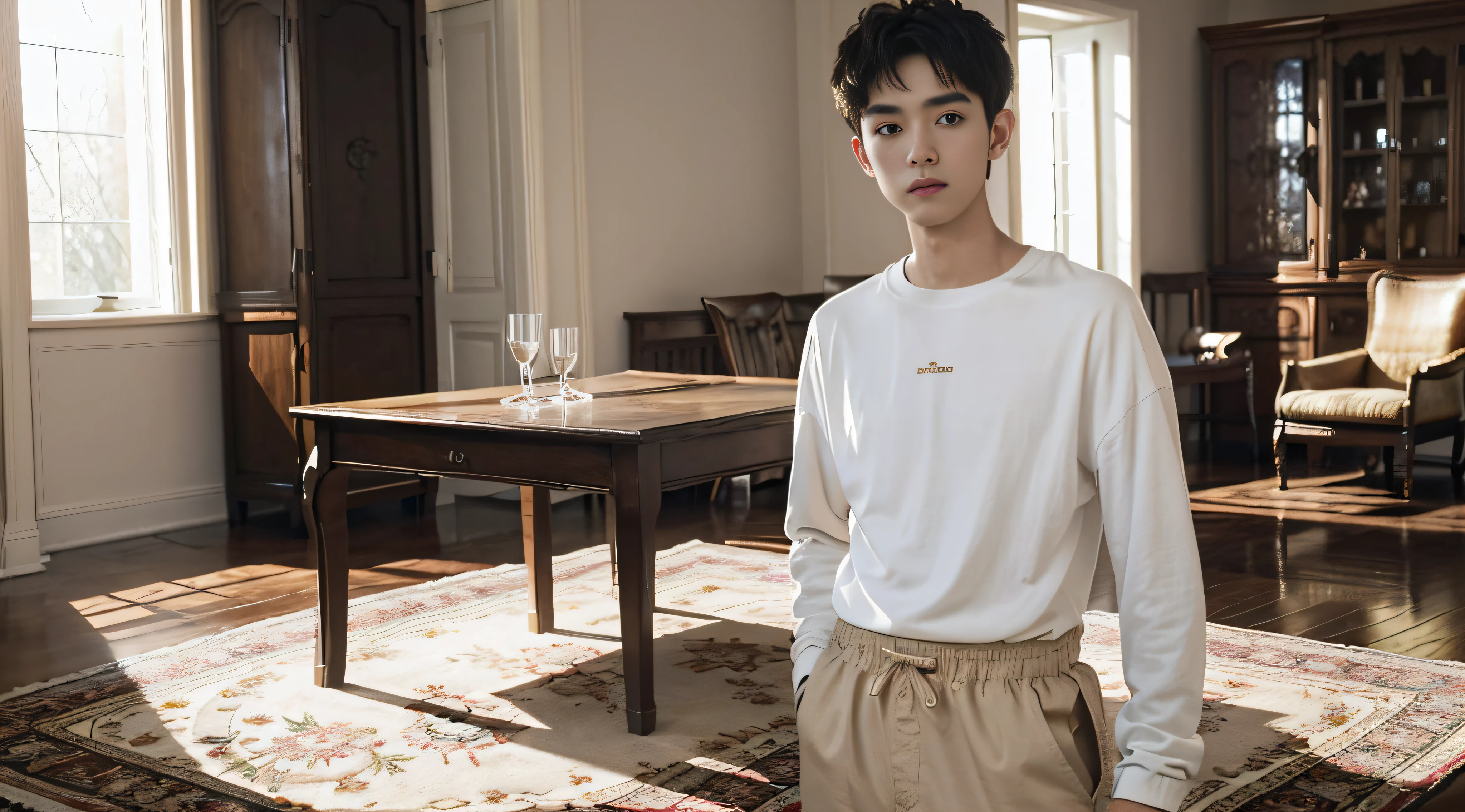 best quality, masterpiece, (photorealistic:1.4), 1boy, solo, short hair, big eyes, white t-shirt ,long sleeves, upper body, dramatic lighting, looking at viewer,(hands behind back:1.2), standing, indoors, living room, tables, carpet, wooden floor, decorations, window, sunshine