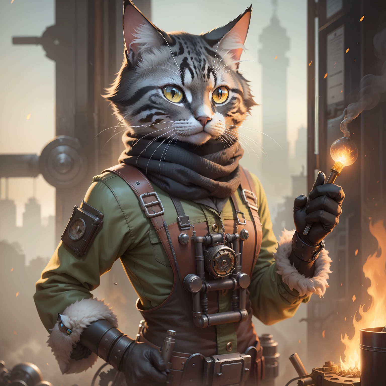 A mechanical cat，Apocalyptic themes，steampunc，Machinary