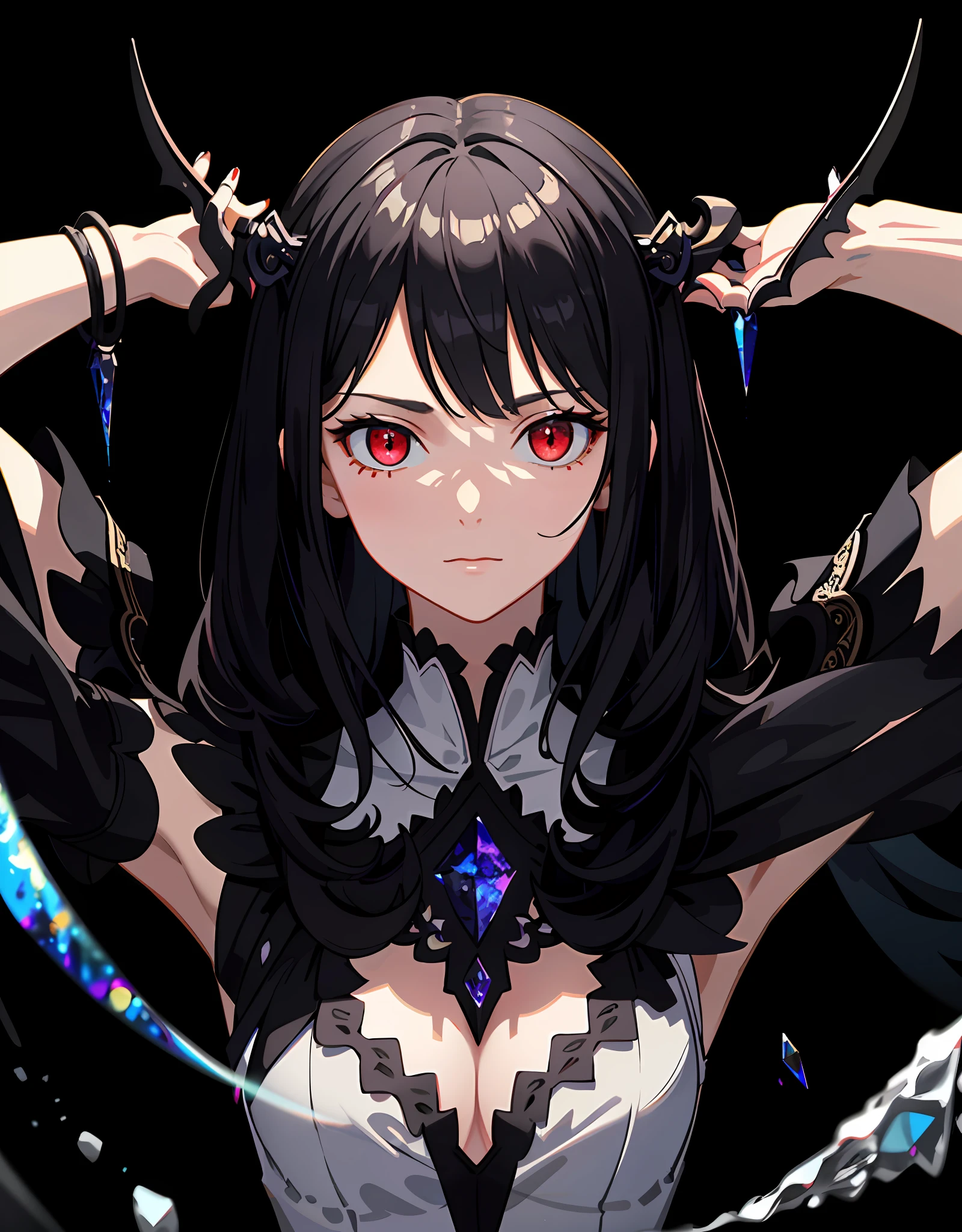 (Masterpiece, Best quality, Ultra-detailed, Best shadow), (Detailed background,Dark fantasy), (Beautiful detailed face), High contrast, (Best illumination, An extremely delicate and beautiful), ((Cinematic light)), Colorful, hyper-detailing, Dramaticlight, Intricate details, (1 girl, Solo,Black hair, sharpy face,Low Twin Tails,Red eyes, hair between eye,Dynamic Angle), blood spatter, swirling black light around character, Depth of field,Black light particles,(Broken glass),Magical Circle,
