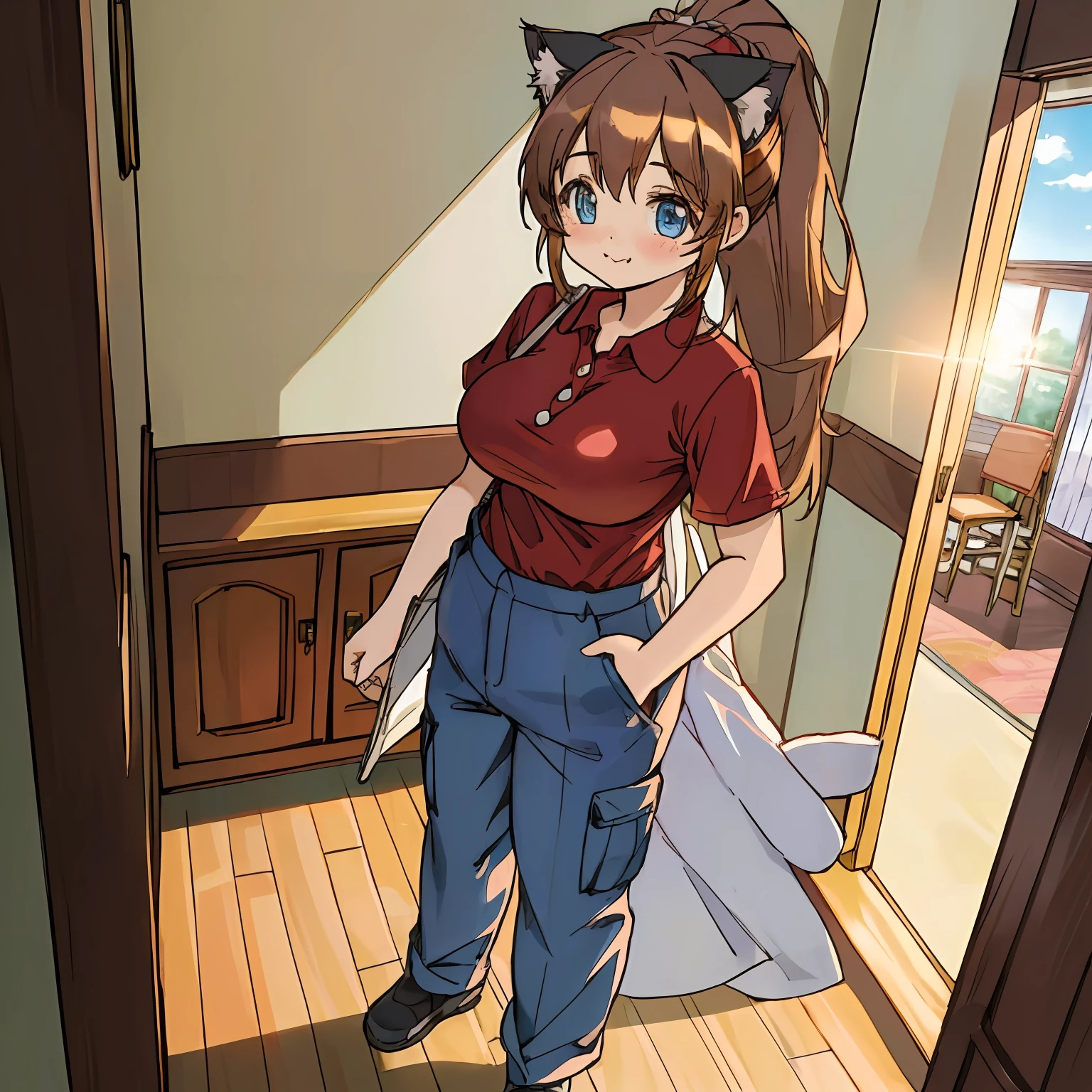 (Highly detailed CG Unity 8k wallpaper), (Best Quality), (Super Detail), (Best Illustration), (Best Shadow), POV, Realistic lighting and shading, Natural light, Lens flare effect, BREAK, 1 beautiful girl, Solo,(Cute:1.5),(Chibi:0.8), (kawaii:1.5),(Lori:0.5), BREAK, ( ( years olirl), Very detailed, colourfull, highest details, BREAK, (Huge breasts: 1. 2,), Clear skin, Beautiful skin, Shy skin, 1 beautiful girl, Brown hair, (Cat ears, Ponytail, medium-Long hair: 1. 2), (Light blue eyes, long eyelashes, Double eyelids: 1. 2), Solo, gleaming skin, BREAK,(trouser,Black chinos,Pichi Pichi:1.2), (shortsleeves, polo shirts, Red Shirt:1.2), (star-shaped earring:1.1), (Lace headband:1.0), (Cute Accessories:1.3), (A smile,Happiness:1.1), (is standing,Slouched:1.3), Holding paper pants in his right hand,Hanging a tube of ointment in the left hand, (Angle from the front:1.1), BREAK, (Caregiver:1.2),(Facilities for the elderly,Day Service,in a house:1.5),(Multiple seniors)