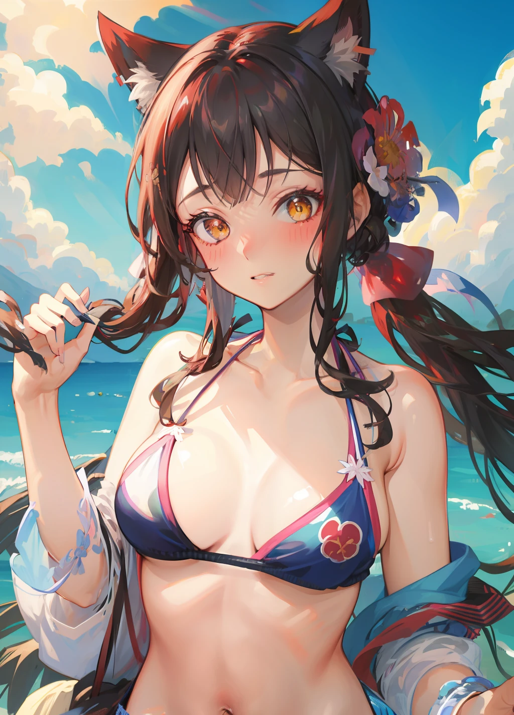 A girl in a bikini、japanes、de pele branca