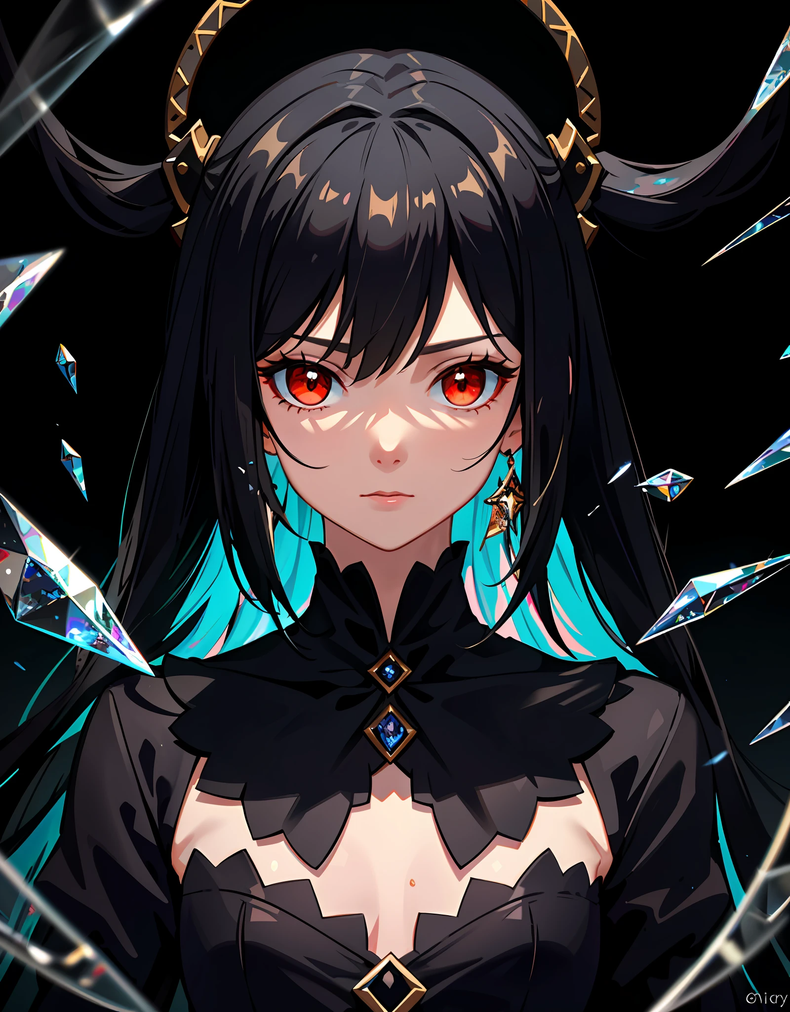 (Masterpiece, Best quality, Ultra-detailed, Best shadow), (Detailed background,Dark fantasy), (Beautiful detailed face), High contrast, (Best illumination, An extremely delicate and beautiful), ((Cinematic light)), Colorful, Hyper-detailing, Dramaticlight, Intricate details, (1 girl, Solo,Black hair, sharpy face,Low Twin Tails,Red eyes, hair between eye,Dynamic Angle), blood spatter, swirling black light around character, Depth of field,Black light particles,(Broken glass),Magical Circle,