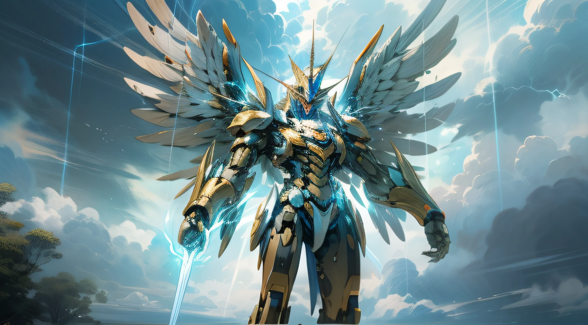 Picture a scene where the gods of Greek mythology meet the future. A robot, modeled after Zeus, dominates the frame. Its large, muscular body exudes an aura of power and majesty. The robot's color scheme is primarily blue, white, and silver, with golden highlights adding a regal touch. In its hand, it holds a giant sword that represents lightning, and wings of electricity extend from its back. A crown sits atop its head, symbolizing its royal status. This robot has the power to emit lightning from its hand and control the weather. The image should be rendered in a hyper-realistic style, with high detail and 16k resolution. The lighting should emphasize the metallic gleam of the robot and the electric energy of its powers. The composition should be a low-angle shot, making the robot appear even more imposing against a backdrop of turbulent skies. --ar 16:9 --v 5.1 --style raw --q 2 --s 750