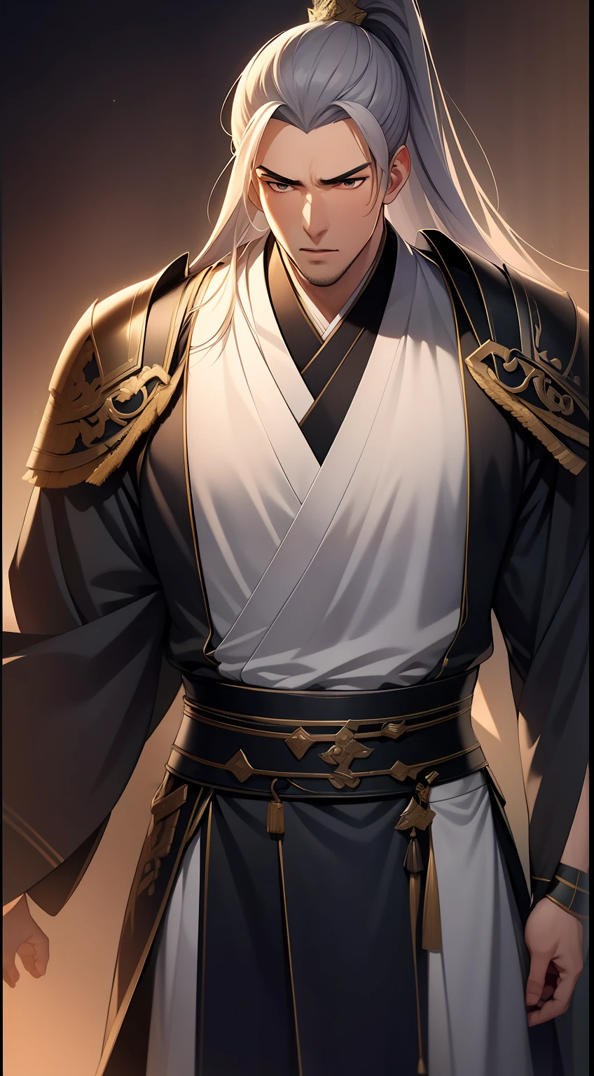 quadratic element，style of anime，mtu（Male Warrior），The proportions are correct，Face details，swordsmen，High ponytail hairstyle，Neck details，There is an Adam's apple，Black Hanfu，kaftan，Embroidered robes，Black robe，clothes details，Handing over，longer sleeves，Game quality，Swordsmanship，Light and shadow tracking，Ray traching，detailed glow，cg render，hair detail，long  white hair，Black eyes，Handsome，Handsome，（juvenile sense），Clothing is complicated，Perfectcomposition，Refinement，high qulity，higher details，Lots of details，The background is complex，a sense of atmosphere，