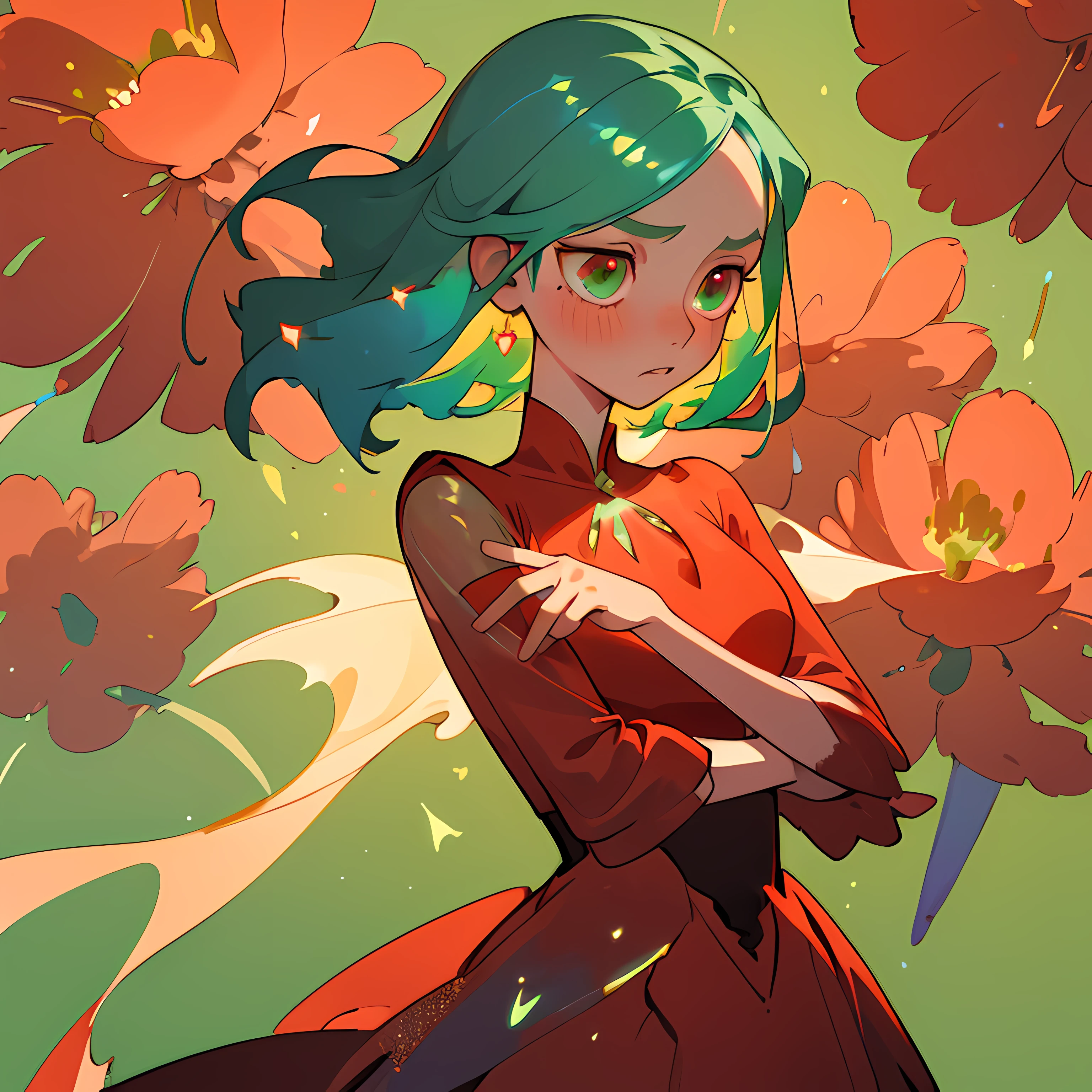 (Best quality, masterpiece) 1girl, desert, glitter, flowing red dress, particles, gentle breeze, blooming red flowers, focused on upper body, green background, green eye, bleu hair, sadness