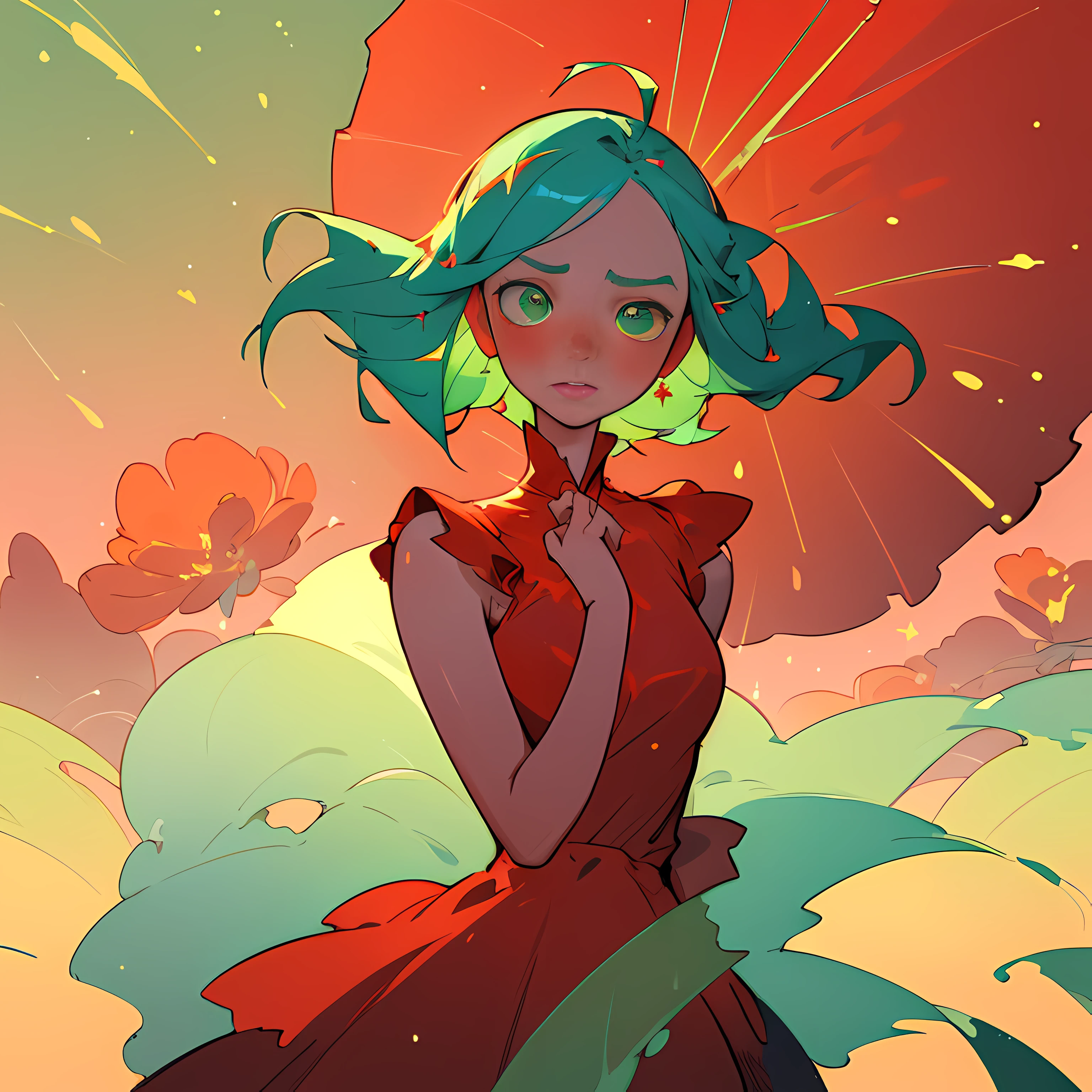 (Best quality, masterpiece) 1girl, desert, glitter, flowing red dress, particles, gentle breeze, blooming red flowers, focused on upper body, green background, green eye, bleu hair, sadness