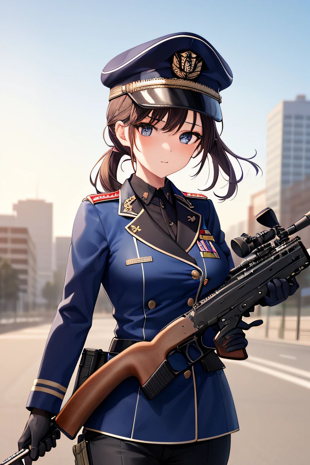 1girl, folded_ponytail, gloves, gun, military, military_uniform, rifle, sky, solo, upper_body, weapon
looking at viewer, masterpiece, best quality,