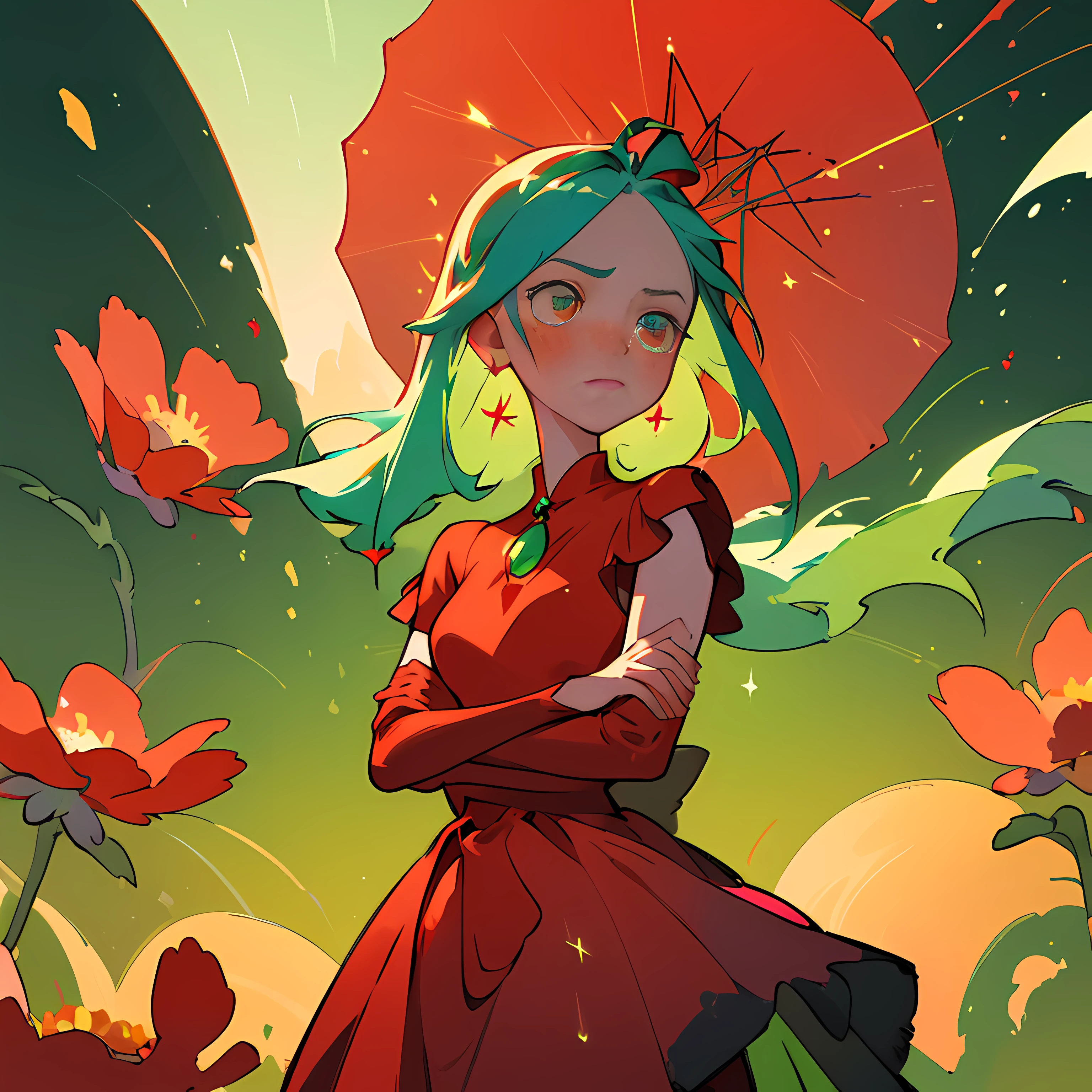 (Best quality, masterpiece) 1girl, desert, glitter, flowing red dress, particles, gentle breeze, blooming red flowers, focused on upper body, green background, green eye, bleu hair, sadness