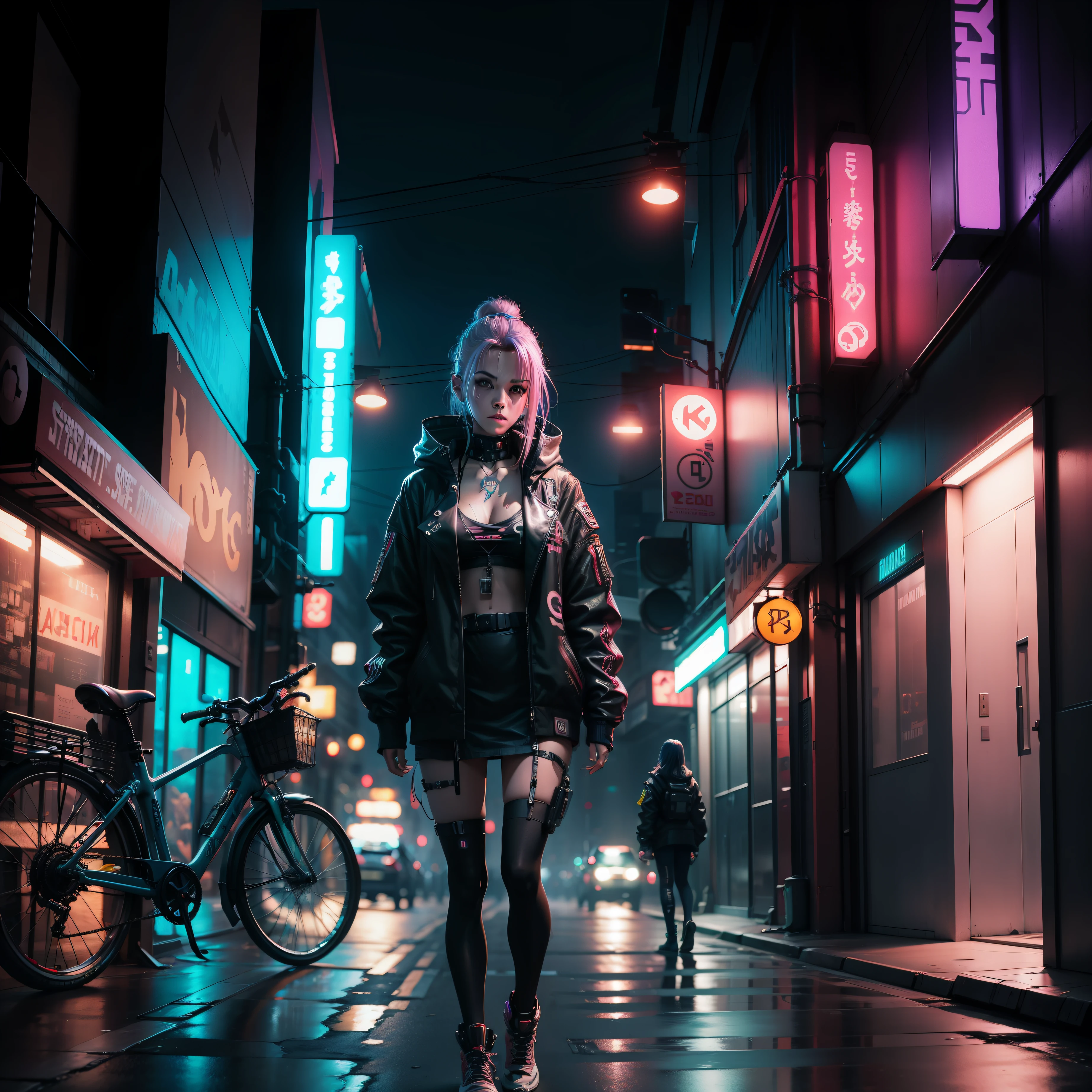 Cyberpunk girl in the middle of a cyberpunk street at night