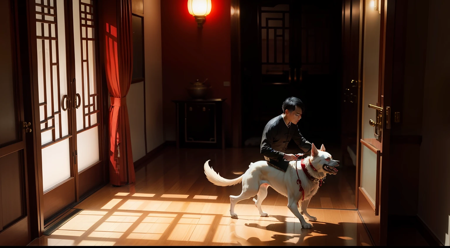 Chinese style Man leads his dog into the house at night