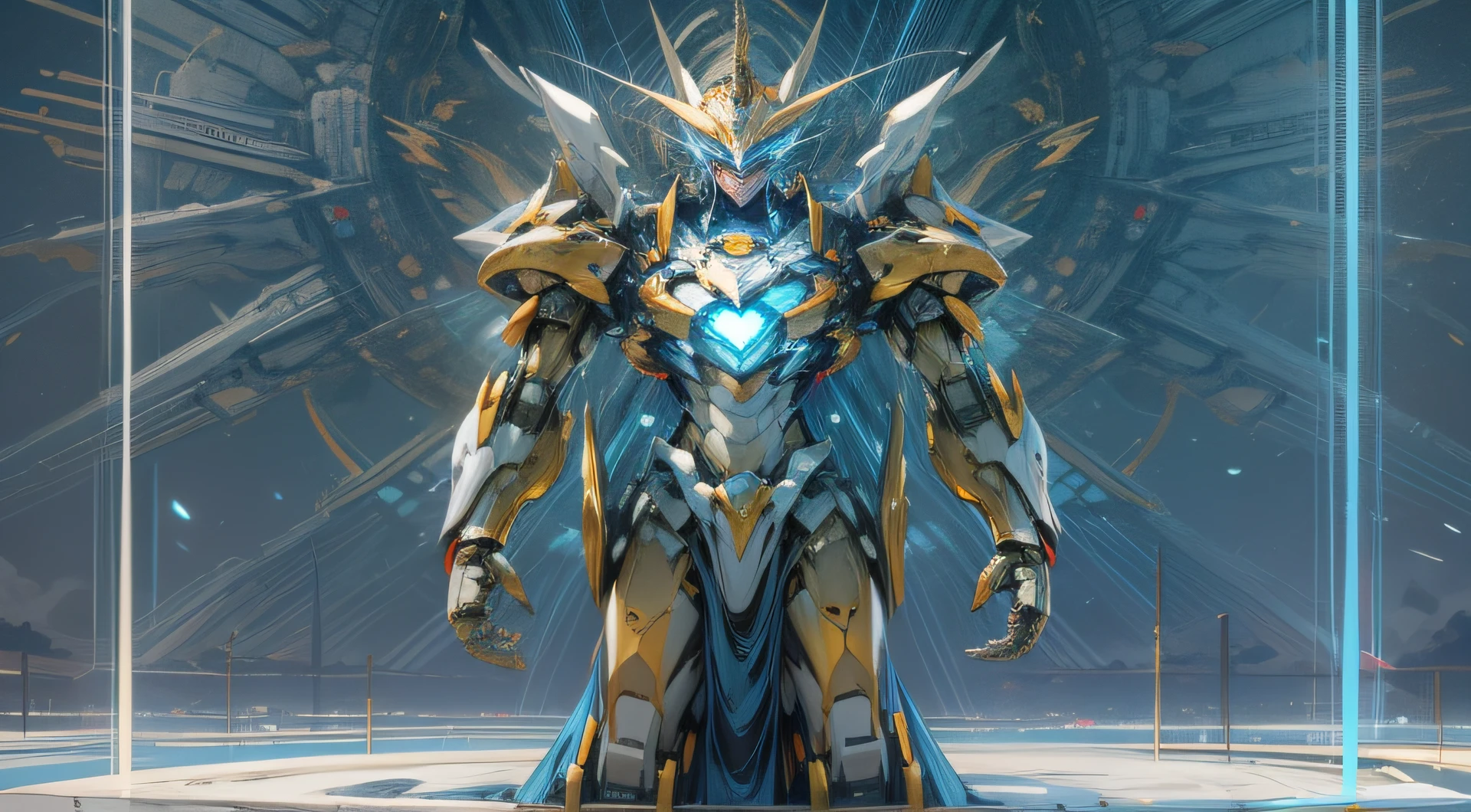Picture a scene where the gods of Greek mythology meet the future. A robot, modeled after Zeus, dominates the frame. Its large, muscular body exudes an aura of power and majesty. The robot's color scheme is primarily blue, white, and silver, with golden highlights adding a regal touch. In its hand, it holds a giant sword that represents lightning, and wings of electricity extend from its back. A crown sits atop its head, symbolizing its royal status. This robot has the power to emit lightning from its hand and control the weather. The image should be rendered in a hyper-realistic style, with high detail and 16k resolution. The lighting should emphasize the metallic gleam of the robot and the electric energy of its powers. The composition should be a low-angle shot, making the robot appear even more imposing against a backdrop of turbulent skies. --ar 16:9 --v 5.1 --style raw --q 2 --s 750