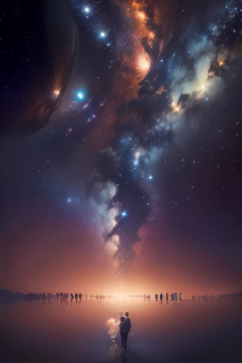 (5 pessoas:2),(3Menina), (2Meninos), Starry sky at night in panoramic view,