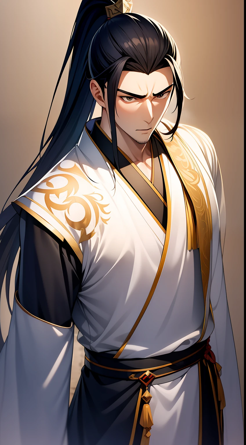quadratic element,style of anime,mtu(Male Warrior),The proportions are correct,Face details,swordsmen,High ponytail hairstyle,Neck details,There is an Adam's apple,Black Hanfu,kaftan,Embroidered robes,Black robe,clothes details,Handing over,longer sleeves,Game quality,Swordsmanship,Light and shadow tracking,Ray traching,detailed glow,cg render,hair detail,long white hair,Black eyes,Handsome,Handsome,(juvenile sense),Clothing is complicated,Perfectcomposition,Refinement,high qulity,higher details,Lots of details,The background is complex,a sense of atmosphere,