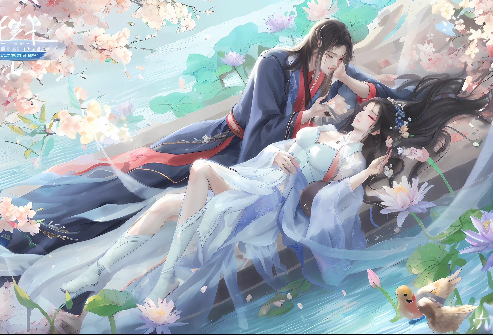 Anime couple on boat with flowers and birds, by Yang J, author:Shitao, author:Chen Lin, By Leng Mei, xianxia fantasy, A beautiful artwork illustration, WLOP and Sakimichan, author:Qu Leilei, By Li Song, By Ni Tian, author:Zhou Fang, by Ye Xin, flowing hair and long robes,Face details,Ultra-clear face