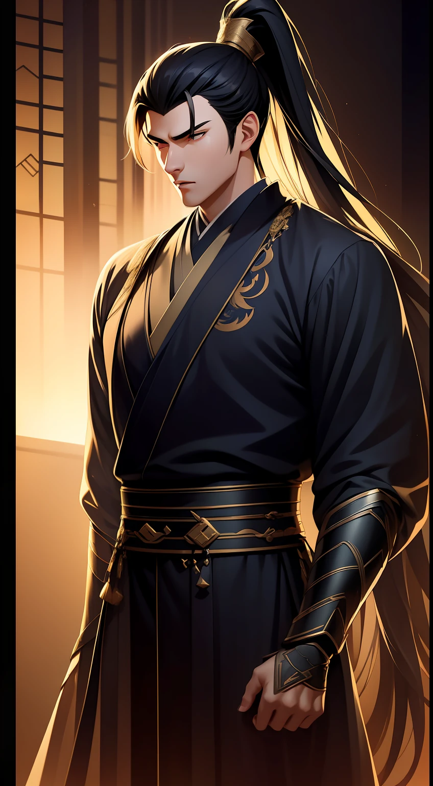 quadratic element，style of anime，mtu（Male Warrior），The proportions are correct，Face details，swordsmen，High ponytail hairstyle，Neck details，There is an Adam's apple，Black Hanfu，kaftan，Embroidered robes，Black robe，clothes details，Handing over，longer sleeves，Game quality，Swordsmanship，Light and shadow tracking，Ray traching，detailed glow，cg render，hair detail，long  white hair，Black eyes，Handsome，Handsome，（juvenile sense），Clothing is complicated，Perfectcomposition，Refinement，high qulity，higher details，Lots of details，The background is complex，a sense of atmosphere，