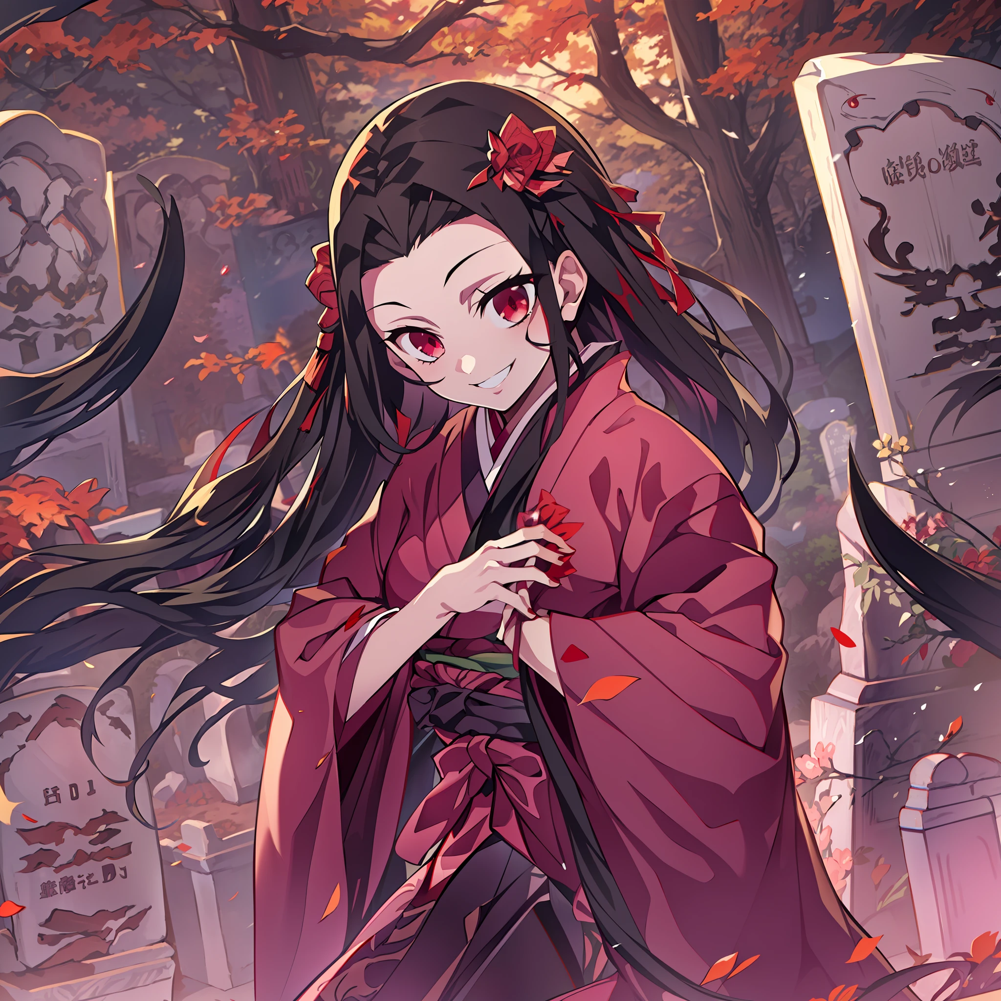 (masterpiece, best quality:1.2), kimetsu no yaiba style, kamado nezuko, (1girl, solo), 18years old, black wave hair, (red demon horns, red eyes), pink kimono, evil smile, from side, (in the grave, Japanese style tombstone), look at tombstone