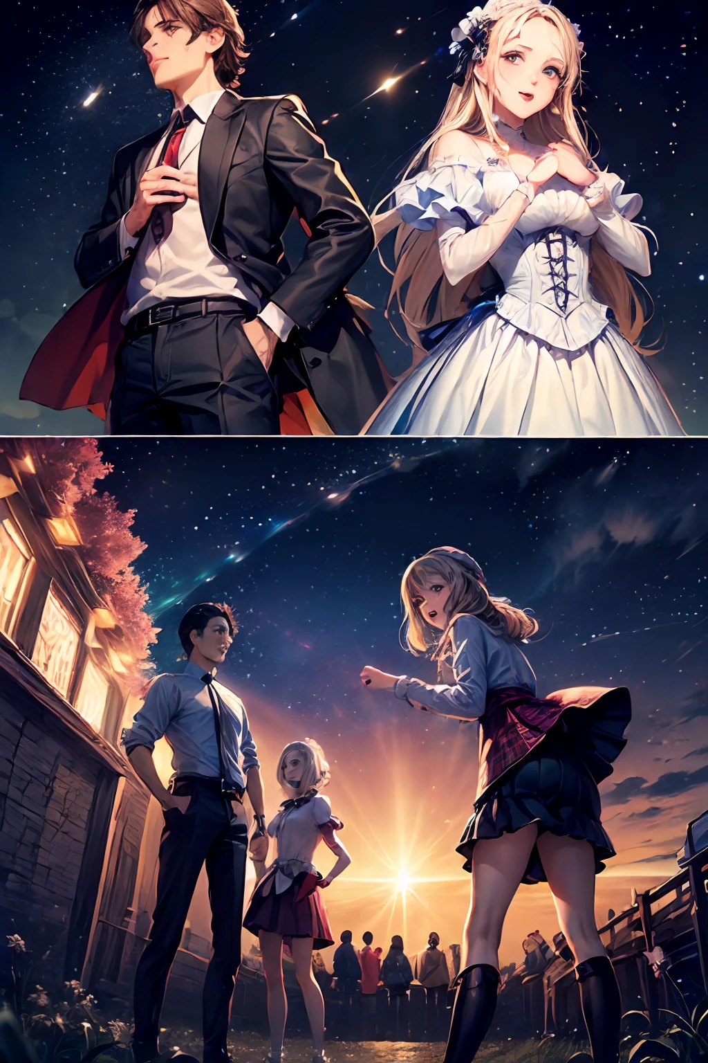 (5 pessoas:2),(3Menina), (2Meninos), Starry sky at night in panoramic view,