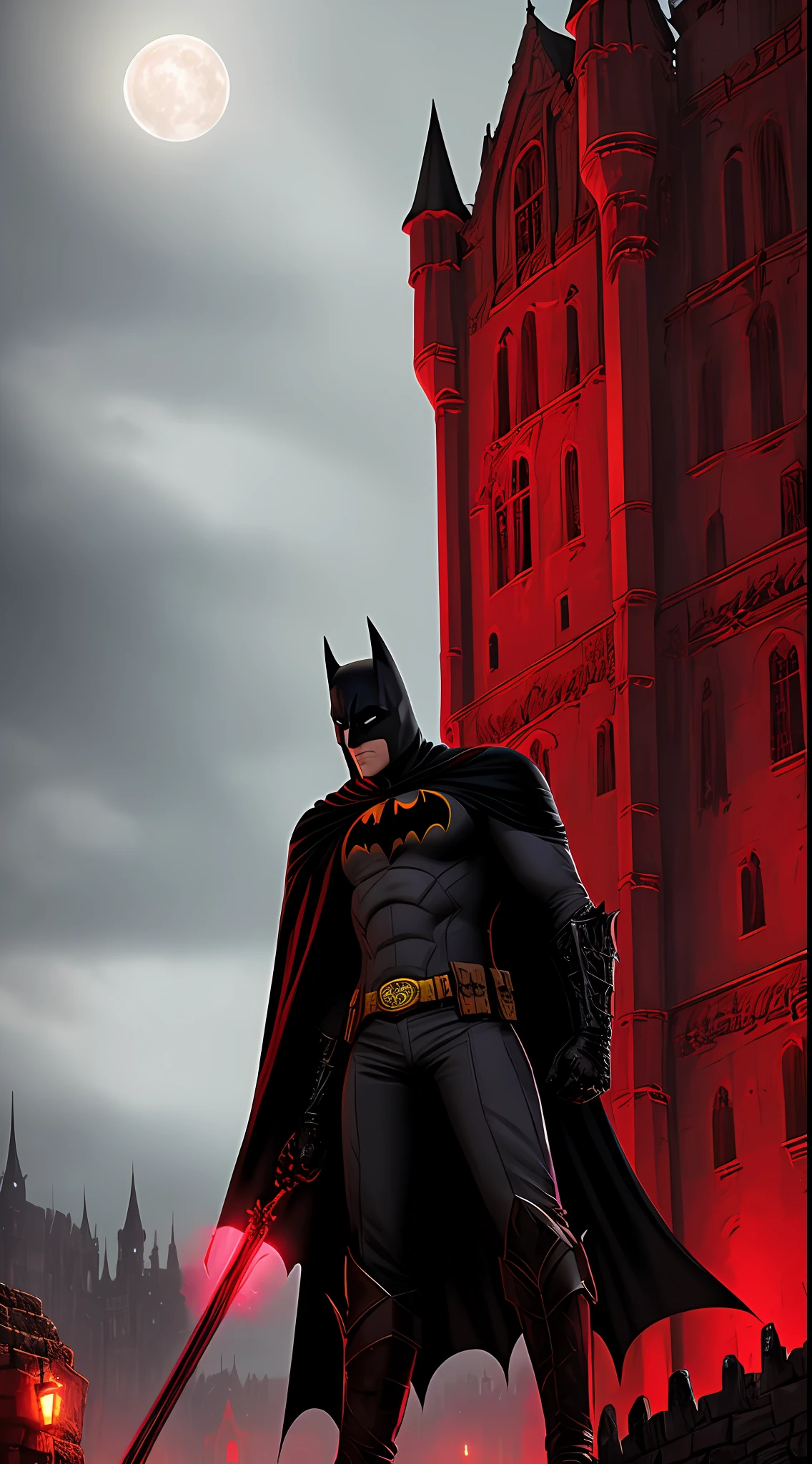 upper bod(Crimson Moon,Dark red night),Lower((An old castle,Batman stands at the city gate:Flashlight in hand,Wearing a black cape,Look at the gate)),8K quality,offcial art,Mechanical punk style,Detailed details