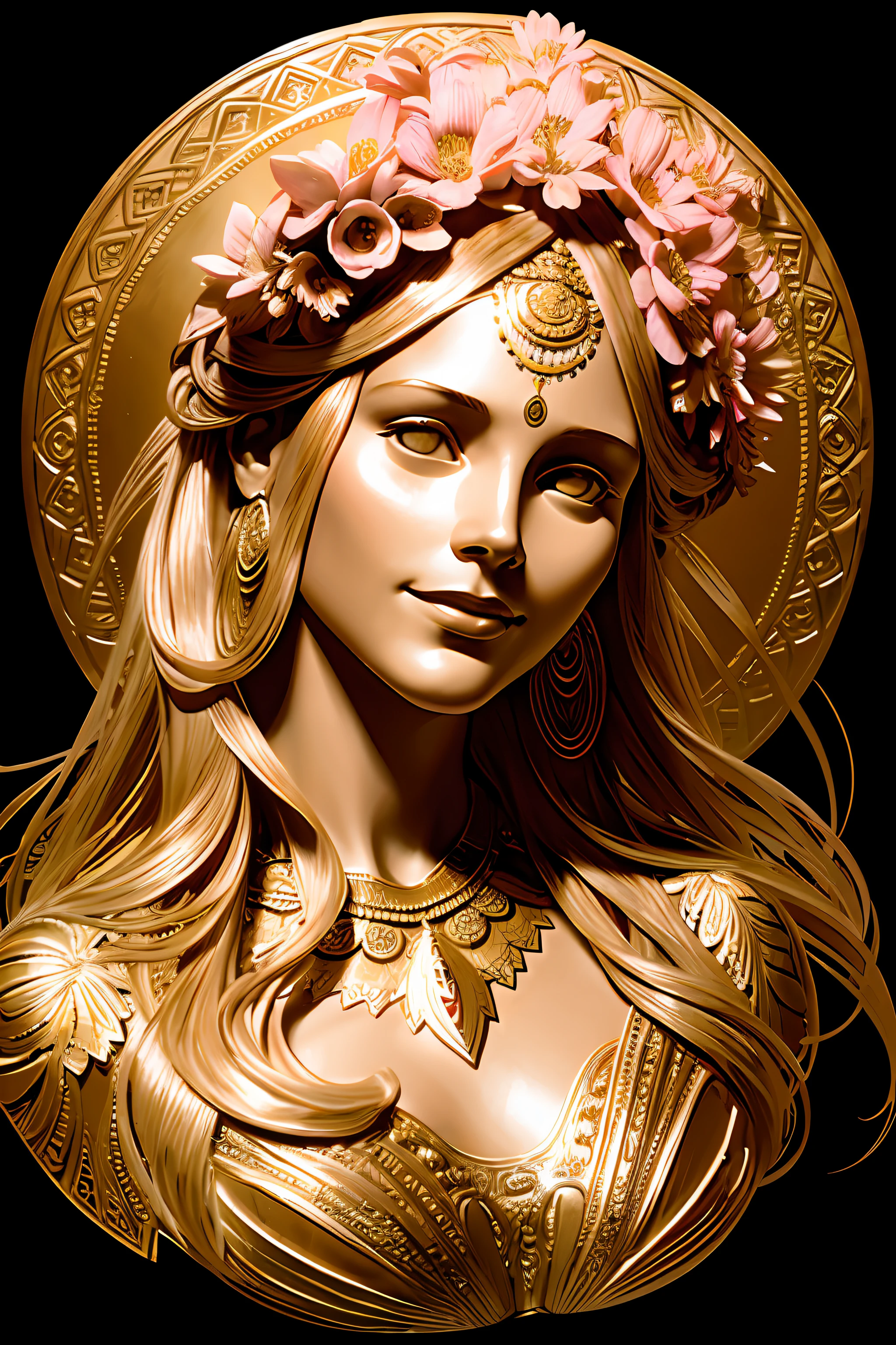 (analog:1.2), (concept art), poster of 1 female goddess, smile, portrait, (3d floral human cameo), (with 2D frame), Decoratifs ,by Alphonse Mucha, (realistic:1.25)
award winning, best quality, masterpiece, good highlights, good shading, volumetric lighting, dark theme,