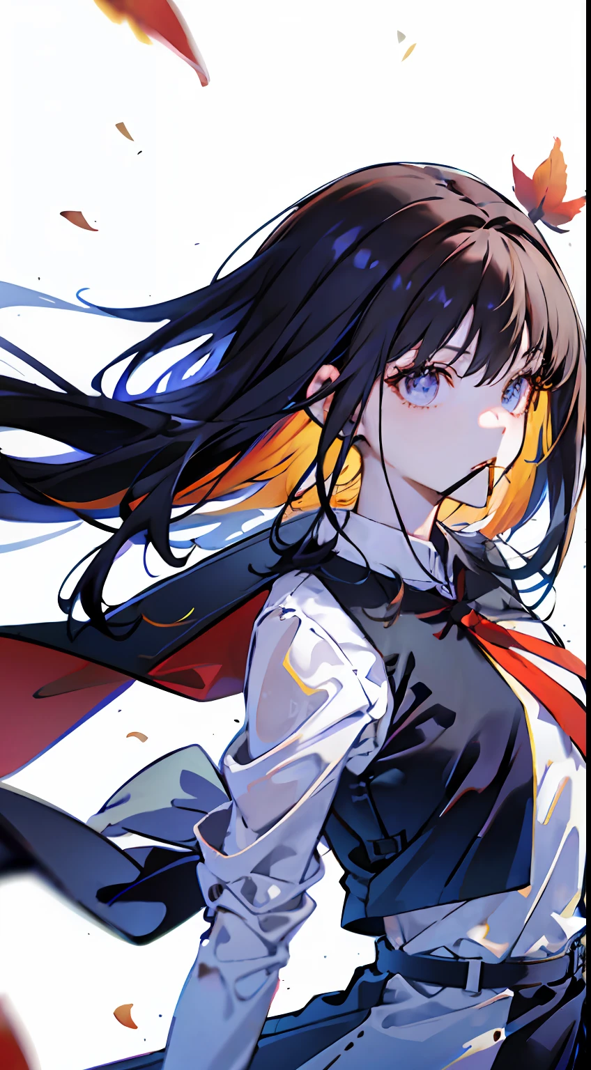 anime, looking at viewer with a cigarette in her mouth, highly detailed with reflections transparent iridescent opaque jacket, long transparent iridescent rgb hair, 1girl, solo, leaf, school uniform, serafuku, long hair, red neckerchief, blurry, sailor collar, neckerchief, blonde hair, shirt, autumn leaves, parted lips, outdoors, floating hair, long sleeves, white shirt, bangs, upper body, red necktie, open mouth, necktie, teeth, brown eyes, wind, autumn, maple leaf, falling leaves, blurry background, day, ginkgo leaf, depth of field, bug,