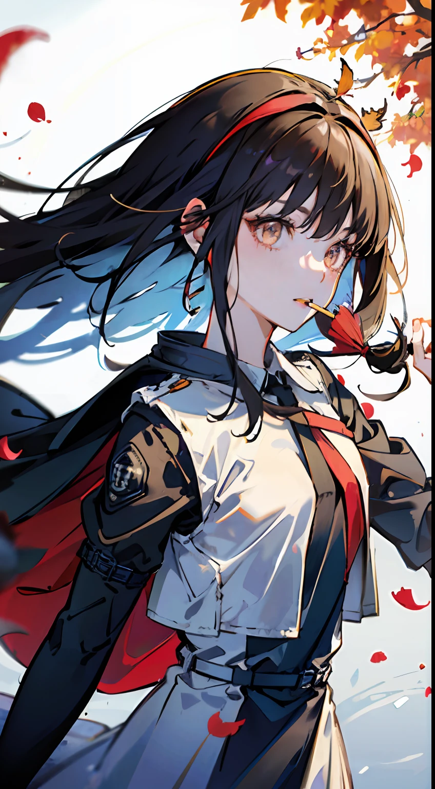 anime, looking at viewer with a cigarette in her mouth, highly detailed with reflections transparent iridescent opaque jacket, long transparent iridescent rgb hair, 1girl, solo, leaf, school uniform, serafuku, long hair, red neckerchief, blurry, sailor collar, neckerchief, blonde hair, shirt, autumn leaves, parted lips, outdoors, floating hair, long sleeves, white shirt, bangs, upper body, red necktie, open mouth, necktie, teeth, brown eyes, wind, autumn, maple leaf, falling leaves, blurry background, day, ginkgo leaf, depth of field, bug,