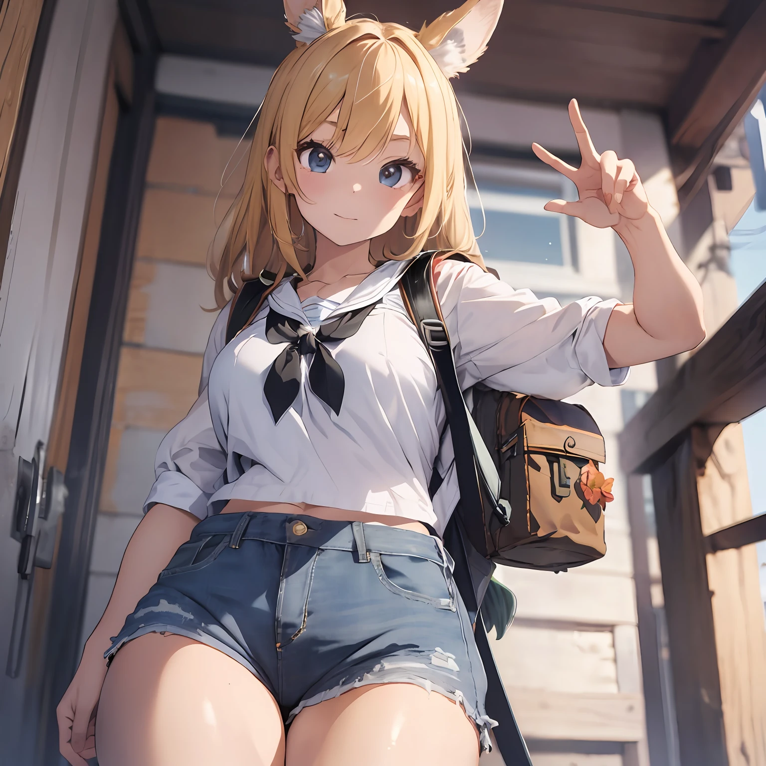 Peace sign with right hand close to face、Peace sign with left hand close to face、Happy、Active、Fusion of cropped sailor suit and sleeveless denim jacket、Low Rise Denim Hot Pants、Sun flower、Thick eyebrows、Chest、(Huge backpack:1.5)、Beautiful blonde hair、Rabbit ears、(masterpiece)、((top-quality))、(ultra-detailliert)、(in 8K)、Full Body Anime Girl、Clean and detailed anime face、High Resolution Anime Eyes、Beautiful fingers、Five Fingers、nffsw(HighDynamicRange)、The perfect human structure、