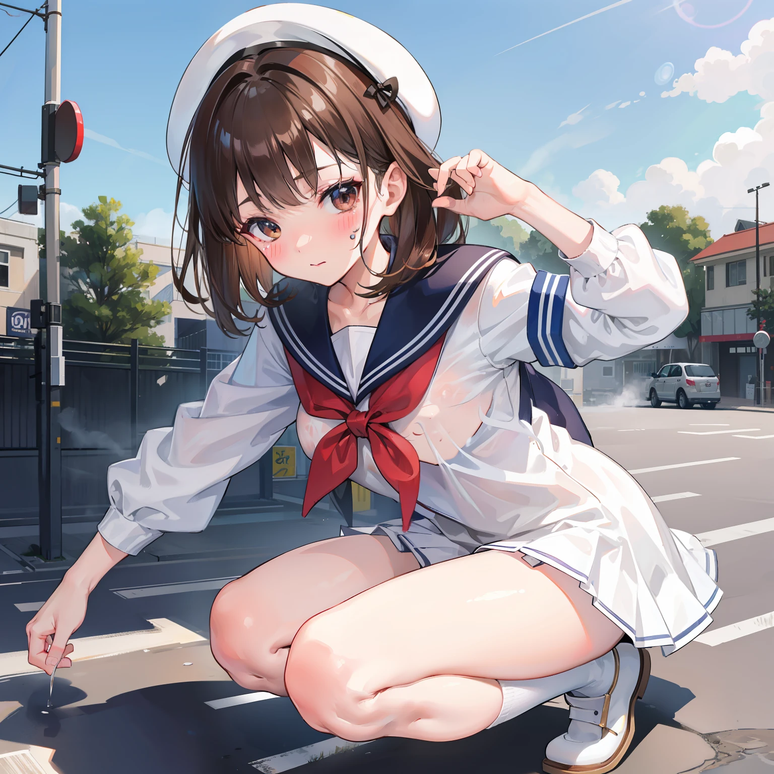 Generous amounts of sour cream were sprayed on her face, Bukak, Gozo facial, Shoot in her face,schoolgirl, Brown hair, Medium hair, Sailor suit, (Naked:1.1), Nipples (Blushing:1.0), Detailed face, Roadside, POV crouching,Expose the inside of your legs