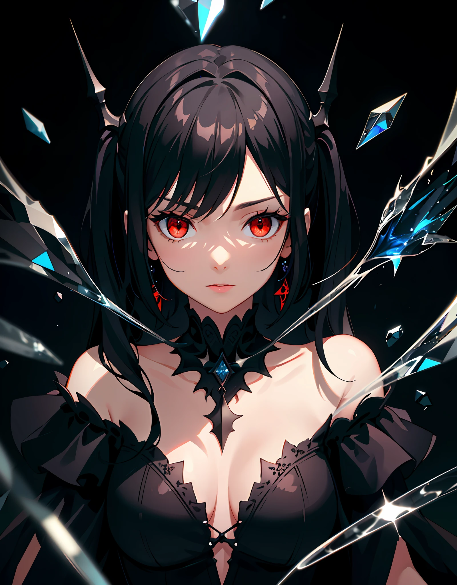 (Masterpiece, Best quality, Ultra-detailed, Best shadow), (Detailed background,Dark fantasy), (Beautiful detailed face), High contrast, (Best illumination, An extremely delicate and beautiful), ((Cinematic light)), Colorful, Hyper-detailing, Dramaticlight, Intricate details，Off-the-shoulder attire, (1 girl, Solo,Black hair, sharpy face,Low Twin Tails,Red eyes, hair between eye,Dynamic Angle), blood spatter, swirling black light around character, Depth of field,Black light particles,(Broken glass),Magical Circle,