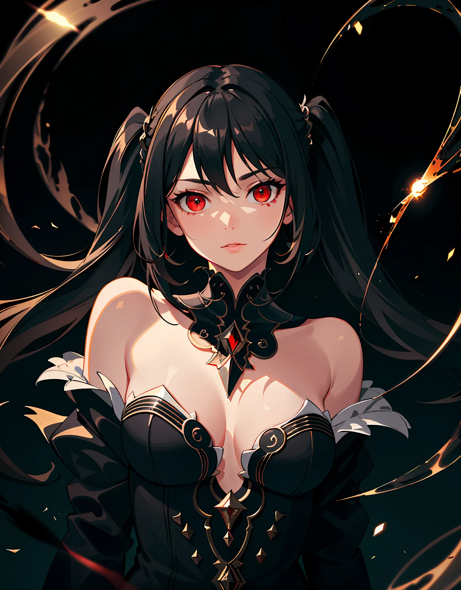 (Masterpiece, Best quality, Ultra-detailed, Best shadow), (Detailed background,Dark fantasy), (Beautiful detailed face), High contrast, (Best illumination, An extremely delicate and beautiful), ((Cinematic light)), Colorful, Hyper-detailing, Dramaticlight, Intricate details,Off-the-shoulder attire, (1 girl, Solo,Black hair, sharpy face,Low Twin Tails,Red eyes, hair between eye,Dynamic Angle), blood spatter, swirling black light around character, Depth of field,Black light particles,(Broken glass),Magical Circle,