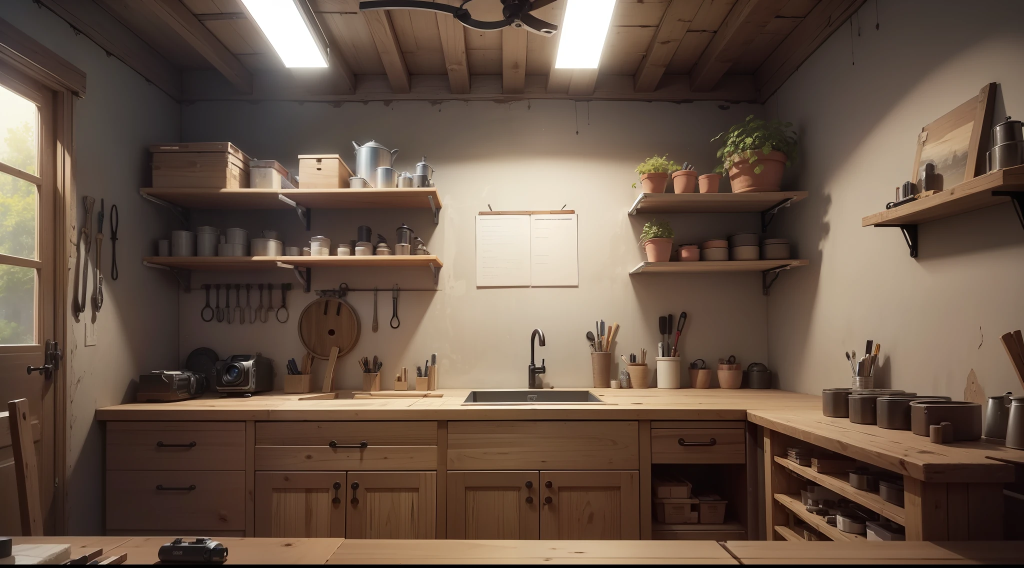 ((top-quality、8k、​masterpiece:1.3))、foco nítido、high-level image quality、hight resolution、Working room for repairing machines、The workbench is attached to the front wall、Shelves made of iron and wood、Iron tools hang all over the wall、The tool is made of iron、Shelves with iron boxes、There are three types of tools on the workbench、Camera angle is 90cm above the ground