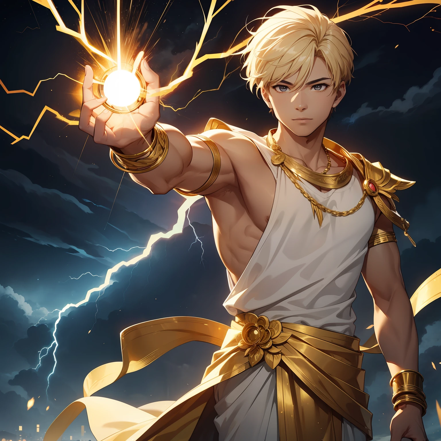 One man、Age is 25 years old、Golden bangles on the arms、With lightning in his hand、The man is shining、Dress is Ancient Greece