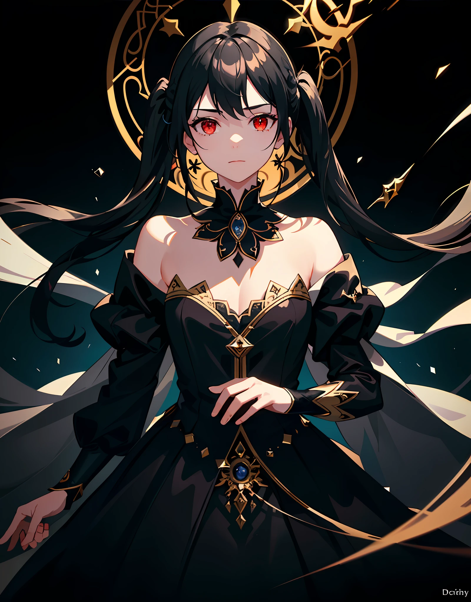 (Masterpiece, Best quality, Ultra-detailed, Best shadow), (Detailed background,Dark fantasy), (Beautiful detailed face), High contrast, (Best illumination, An extremely delicate and beautiful), ((Cinematic light)), Colorful, Hyper-detailing, Dramaticlight, Intricate details,Off-the-shoulder attire, (1 girl, Solo,Black hair, sharpy face,Low Twin Tails,Red eyes, hair between eye,Dynamic Angle), blood spatter, swirling black light around character, Depth of field,Black light particles,(Broken glass),Magical Circle,