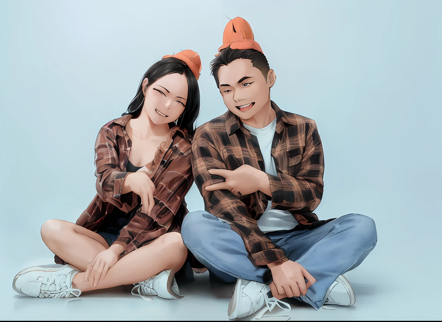 Alavis sat on the floor,arms folded,Point to something, couple pose, casual photography, couple, wearing a flannel shirt, ruan jia and brom, casual modern clothing, wearing casual cloths, photoshoot, cute couple, promotional photography, Happy couple, photographed, Fanart, wearing casual cloths, 😭 🤮 💕 🎀, Smiling couple