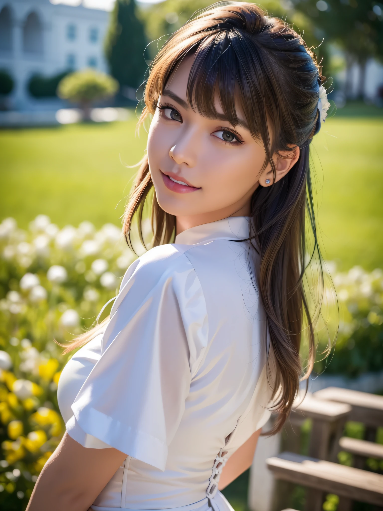 ((Best Quality:1.2, 8K, Sharp Focus, master piece: 1.2, natural Light, extremely details CG, beautiful Girl:1.2, reality, Detailed face textures, Realistic skin, beautiful makeup, octane render, magnificent, Detailed bangs)), (depth of fields), Bokeh background, Smile, brown middle hair, Cowboy Shot, (white evening dress), wind, from side