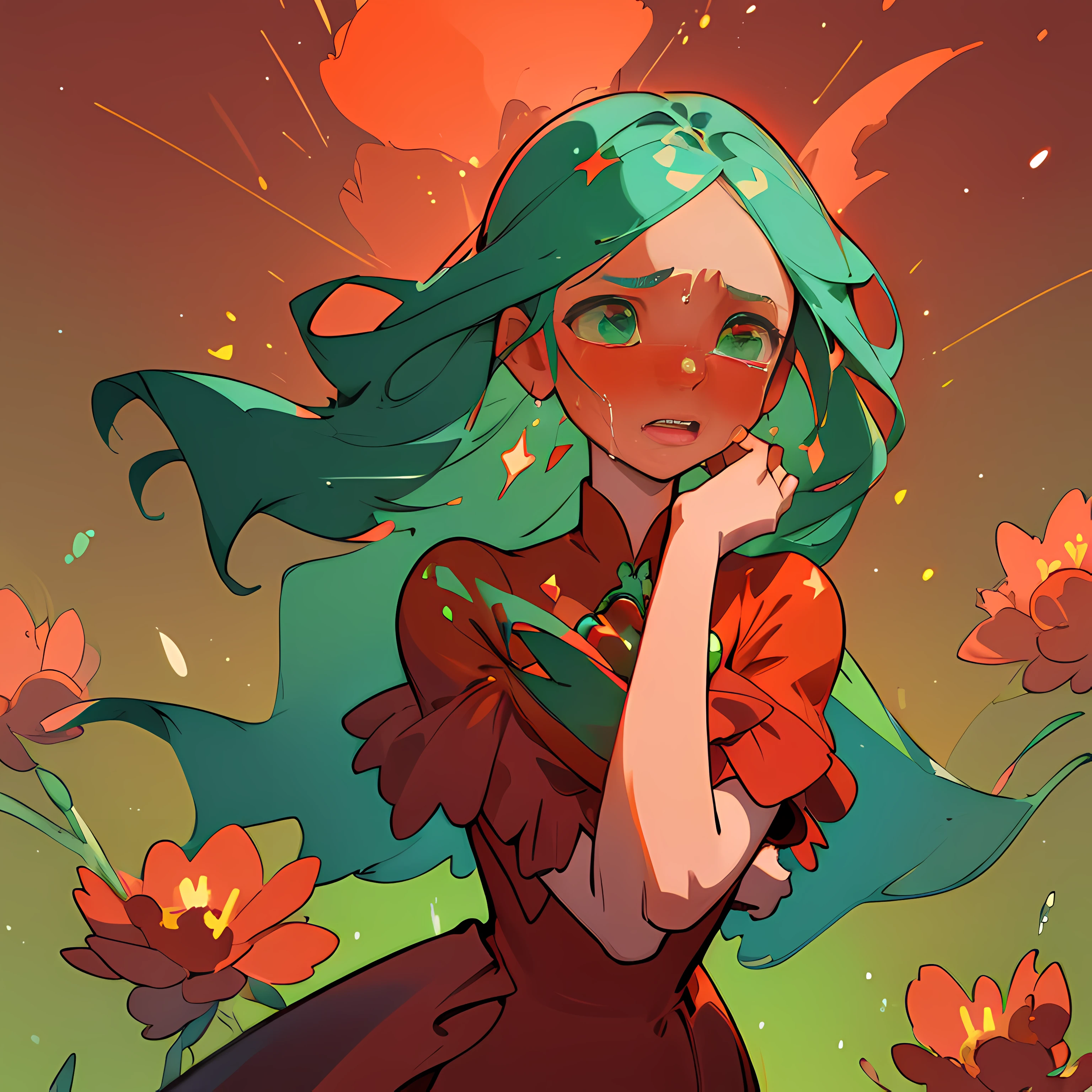 (Best quality, masterpiece) 1girl, desert, glitter, flowing red dress, particles, gentle breeze, blooming red flowers, focused on upper body, green background, green eye, bleu hair, crying