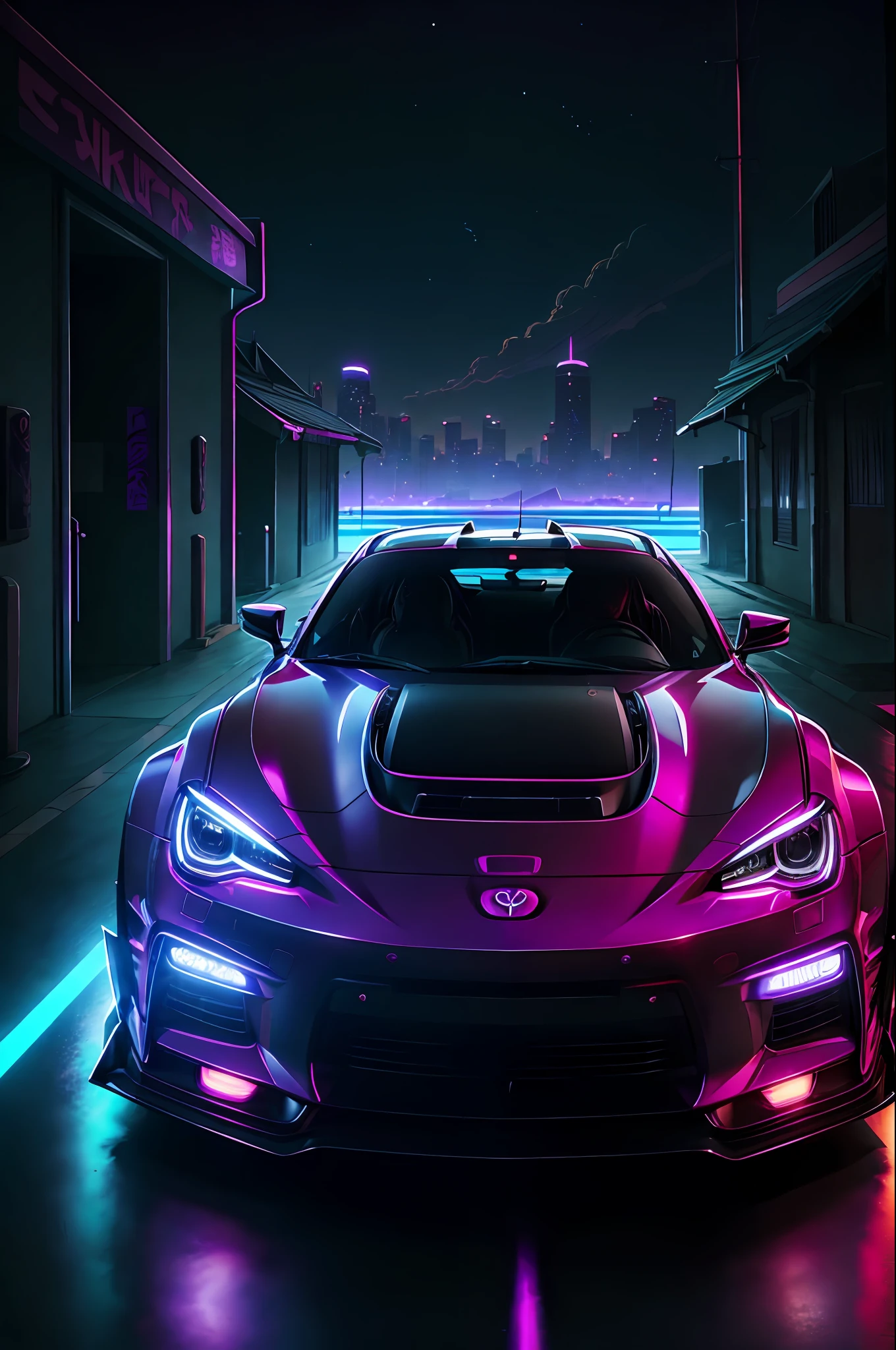 retrowave。sity、Toyota 86、Wide Body Kit、Wagas、purple neon、suns、a closeup
(masterpiece、detaileds、hight resolution)、