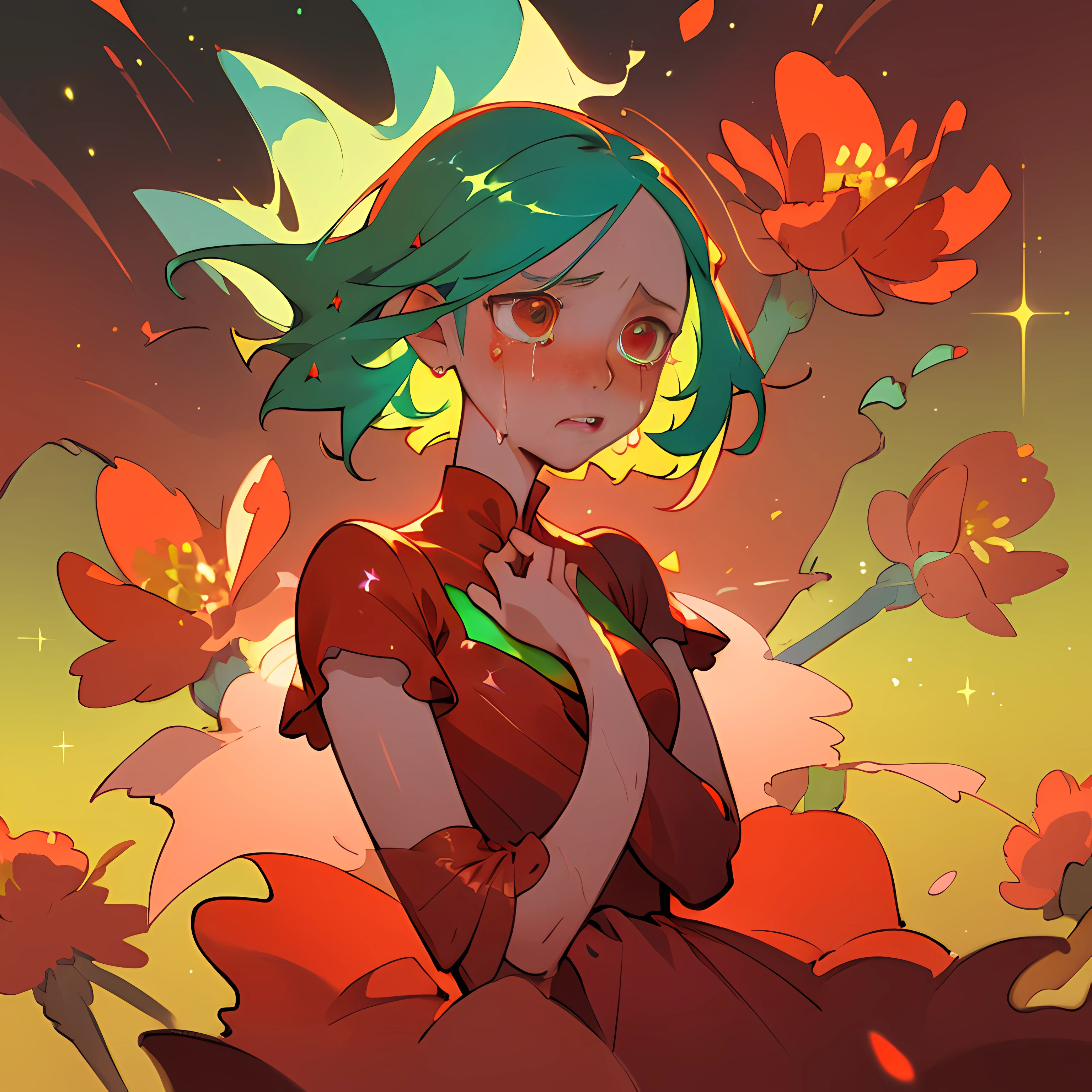 (Best quality, masterpiece) 1girl, desert, glitter, flowing red dress, particles, gentle breeze, blooming red flowers, focused on upper body, green background, green eye, bleu hair, crying