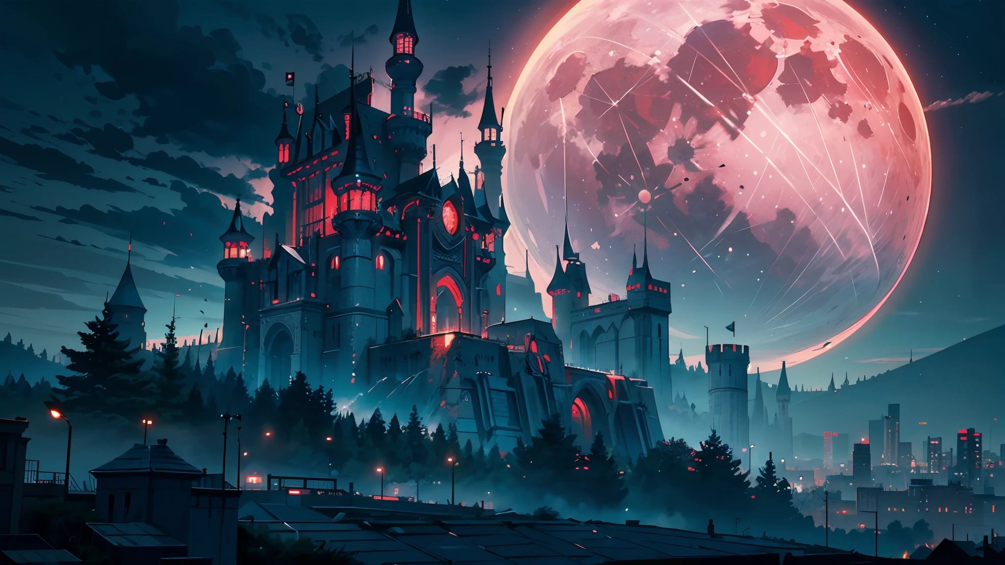 (A castle of black iron towering in the sky):1.3, illuminated by a red moon, dark clouds loom over it, cyberpunk(Best quality), (masterpiece:1.3), (photorealistic:1.36), (realistic), ultra-detailed, (panorama view, wide shot, Landscape-centered, distant perspective):1.4.