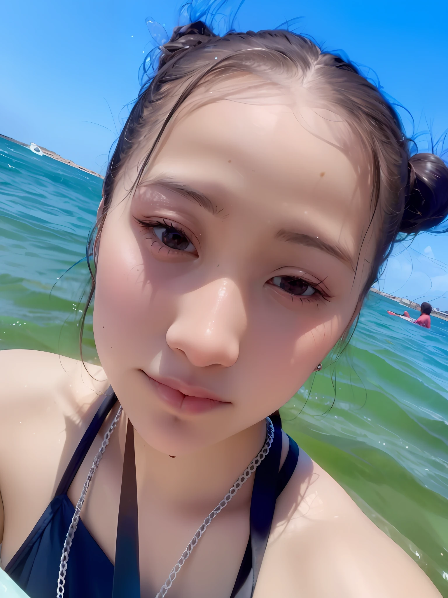 There is a woman standing in the water with a surfboard, 30 year old female, 3 0 years old woman, 2 , 奈良美智, 2 8 years old9 years old, xintong cyear - old, in beach, 2 3 years old