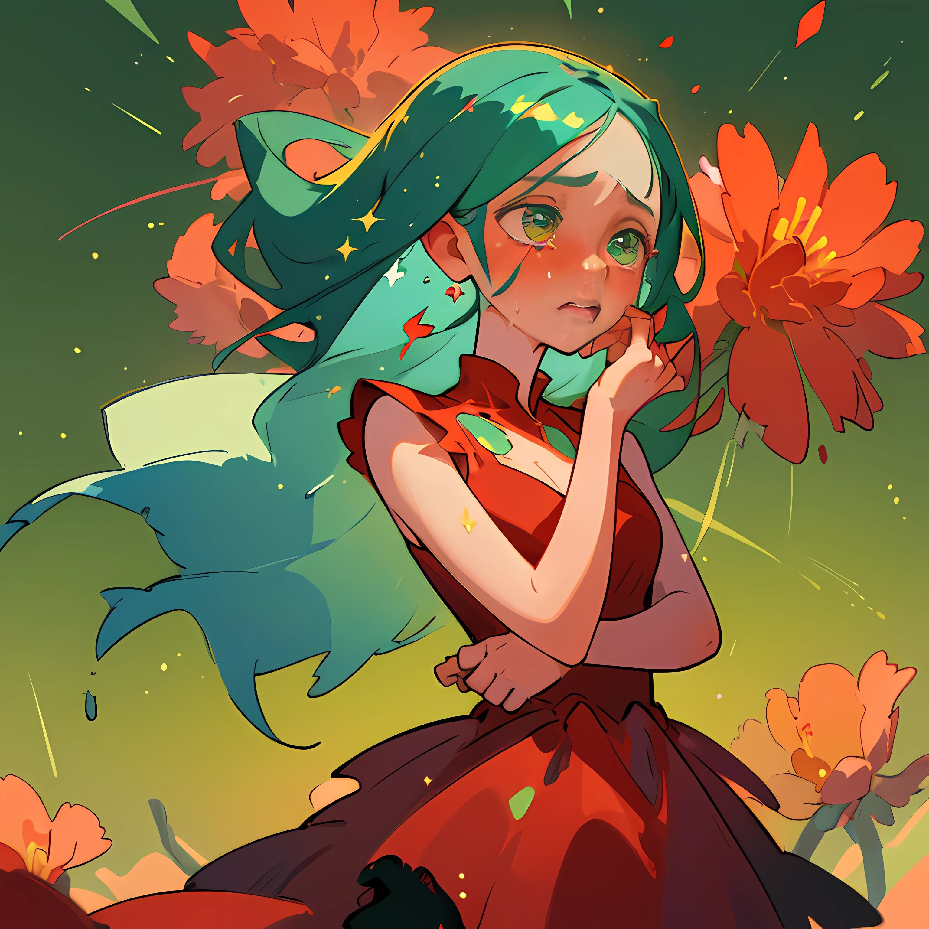 (Best quality, masterpiece) 1girl, desert, glitter, flowing red dress, particles, gentle breeze, blooming red flowers, focused on upper body, green background, green eye, bleu hair, crying