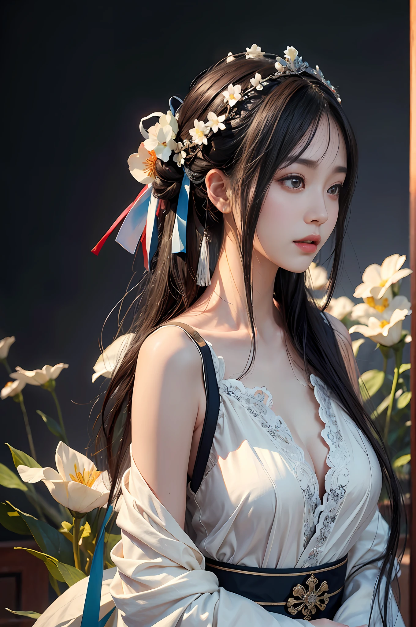 Zhong Fenghua, 1girll, (full bodyesbian) 独奏, Hanfu, flower field, blossom flower, (Black smoke:1.4) (realisticlying:1.5), datura, entangled, offcial art, Unity 8k壁纸, ultra - detailed, Beautiful and beautiful, tmasterpiece,best qualtiy, (dynamic angle:1.4), (Realistic:1.5),(Real human photos;1.5),(Bigboobs:1.2),(Liuhai hairstyle:1.5)(Shoulders exposed:1.2),Glowing skin, (Floating colorful flashes:1.2),The most beautiful classical form,(ellegance:1.2),Fauvistdesign,vivd colour,Romanticism Depth of Field,