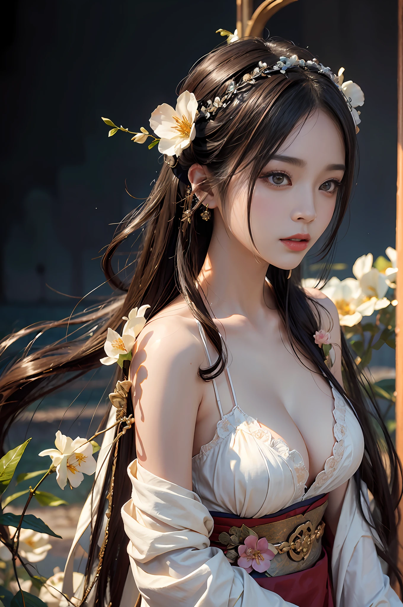 Zhong Fenghua, 1girll, (full bodyesbian) 独奏, Hanfu, flower field, blossom flower, (Black smoke:1.4) (realisticlying:1.5), datura, entangled, offcial art, Unity 8k壁纸, ultra - detailed, Beautiful and beautiful, tmasterpiece,best qualtiy, (dynamic angle:1.4), (Realistic:1.5),(Real human photos;1.5),(Bigboobs:1.2),(Liuhai hairstyle:1.5)(Shoulders exposed:1.2),Glowing skin, (Floating colorful flashes:1.2),The most beautiful classical form,(ellegance:1.2),Fauvistdesign,vivd colour,Romanticism Depth of Field,