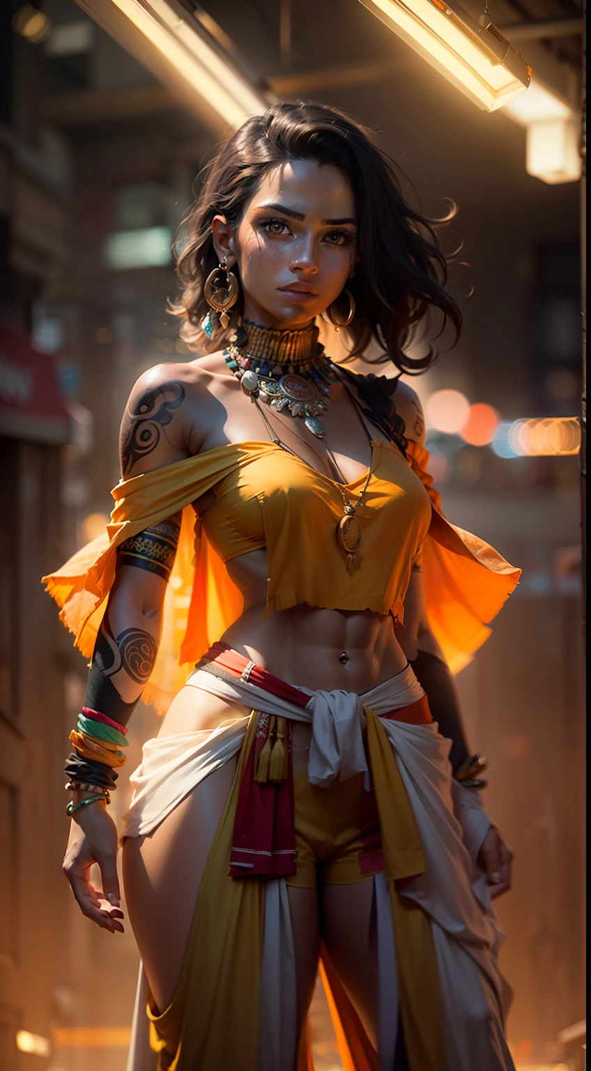 (
(Character: one mexican woman, mystic, brown skin, black medium messy hair, abs)
(Clothing: orange inca poncho, inca pants, amulets, inca tattoos)
(Pose: full body shot:1.7, dynamic pose)
(blurry, intense urban lights in background, orange color scheme:1.3)
(Style: ((masterpiece:1.5)), (face detailed), photo-realistic:1.3, hyperrealistic, film grain, realistic lighting)
)