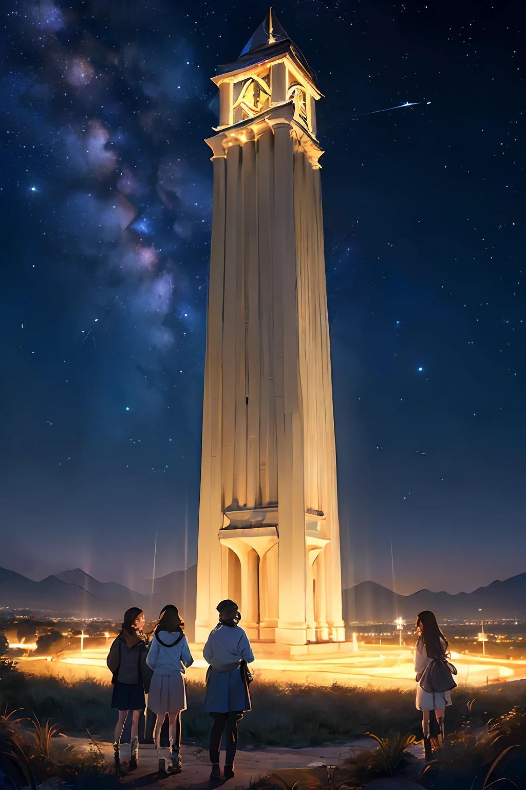(5 pessoas:2),(3Menina), (2Meninos), Starry sky at night in panoramic view,