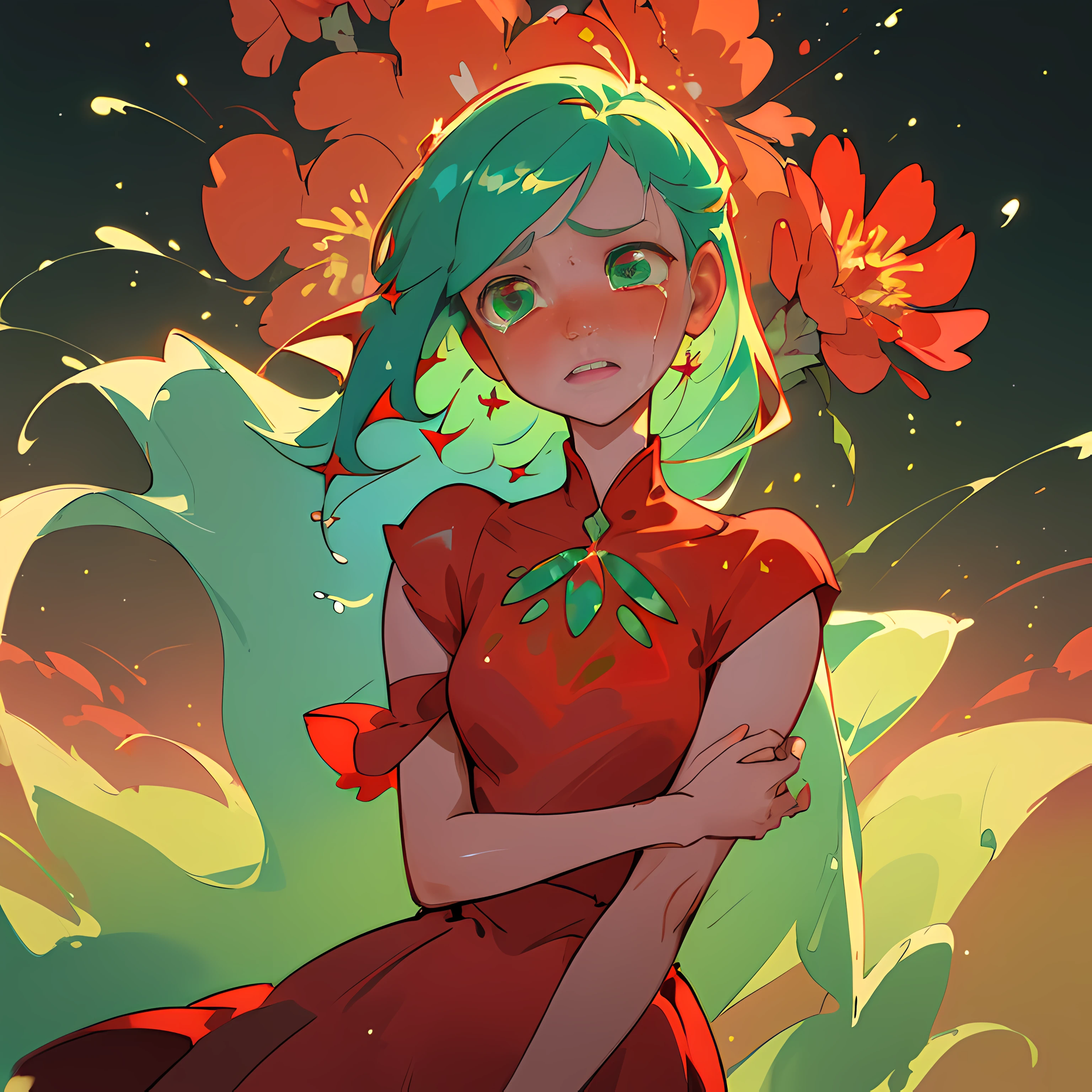 (Best quality, masterpiece) 1girl, desert, glitter, flowing red dress, particles, gentle breeze, blooming red flowers, focused on upper body, green background, green eye, bleu hair, crying