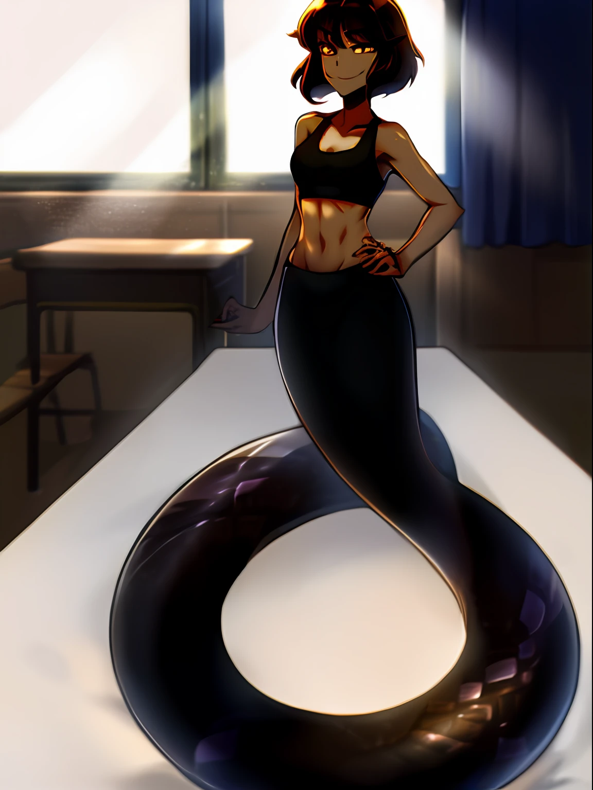 full body, beautiful, perfect eyes, perfect face, smiling, perfect lighting ,lamia, genderless, black hair, brown eyes, black colored merged starwberry smooth eel tail attached to hips, ivory skin,  ,classroom, ((midriff tanktop)), skinny, close shot, solo, tall, hands on cheeks, seductive face, brown hair, short hair, flat chest