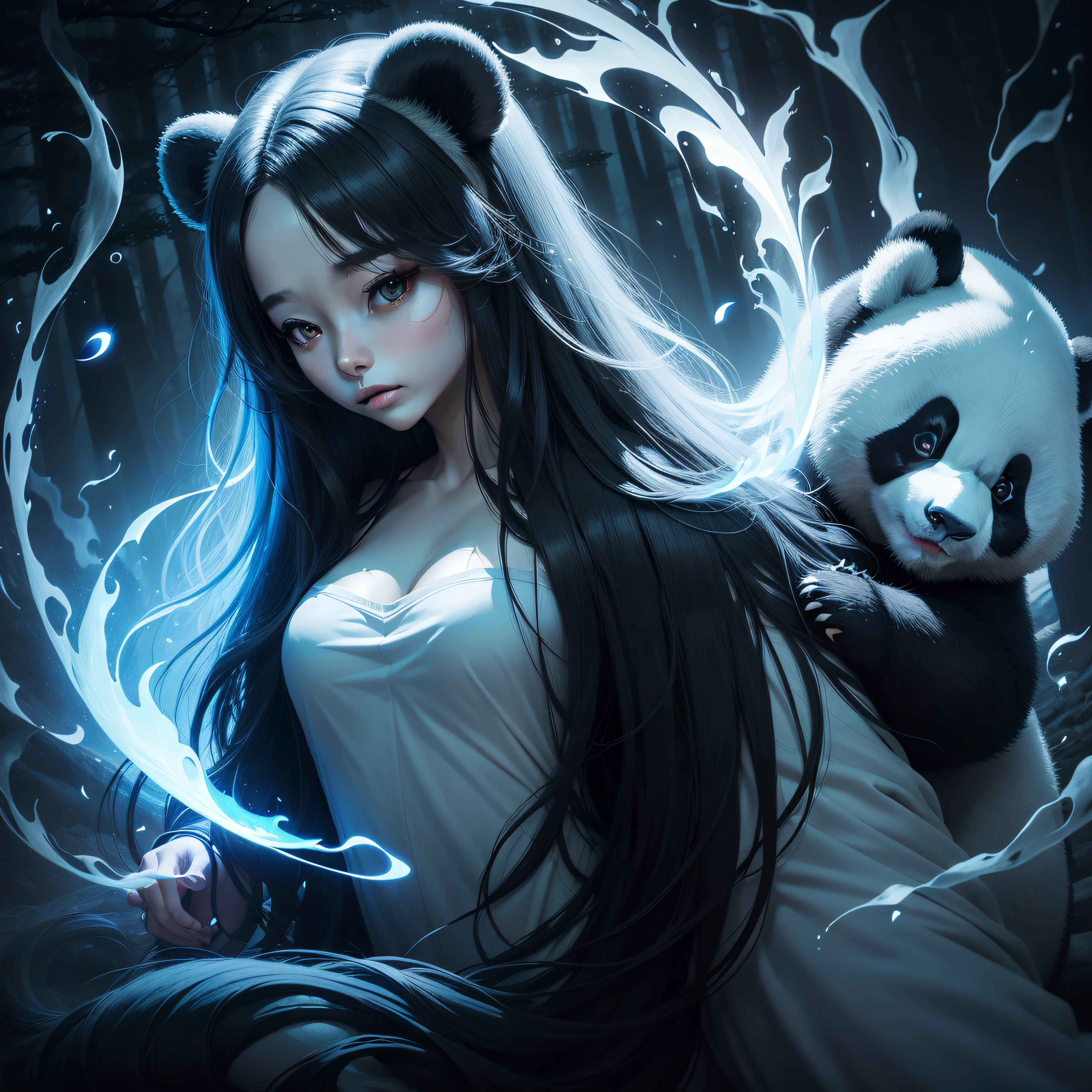 ((masterpiece)), (forest), gumiho, kitsune, ((panda)), monochrome, (supernatural), dark, (magical), mythic, blue atmosphere, serene, ((aura)), light particles