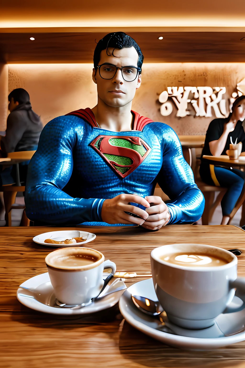 guttonerdjul23, In this intricate and highly detailed scene, capture the heartwarming interaction between a 3-year-old boy wearing glasses and Henry Cavill dressed as Superman, engaged in lively conversation and laughter, while enjoying coffee together at a cozy café. 

The 3-year-old boy should be depicted with precise attention to detail, showcasing his charming personality and the glasses he wears with clarity. His skin should exhibit realistic textures, highlighting his youthful innocence.

Henry Cavill, dressed as Superman, should exude strength and confidence, with facial features reminiscent of the iconic superhero. His costume should be faithfully represented, emphasizing the powerful presence he embodies.

Position the duo comfortably at a table in the café, surrounded by an intricately illustrated environment. The café should be elegantly designed, with well-defined furnishings, intricate patterns, and soft ambient lighting. The sunlight streaming through the windows should accentuate the scene, adding to the warmth and coziness.

Incorporate a skillful blur effect in the background, drawing focus to the central characters and creating a sense of depth in the artwork. Utilize the Fujifilm XT3 camera with its outstanding capabilities to ensure the final illustration is presented in stunning 8K UHD resolution.

The result will be a captivating and heartwarming piece of art, showcasing a magical moment between a young child and the legendary Superman in a charming café setting. The intricacy and attention to detail will immerse viewers in the joyous scene, creating a memorable and awe-inspiring illustration.