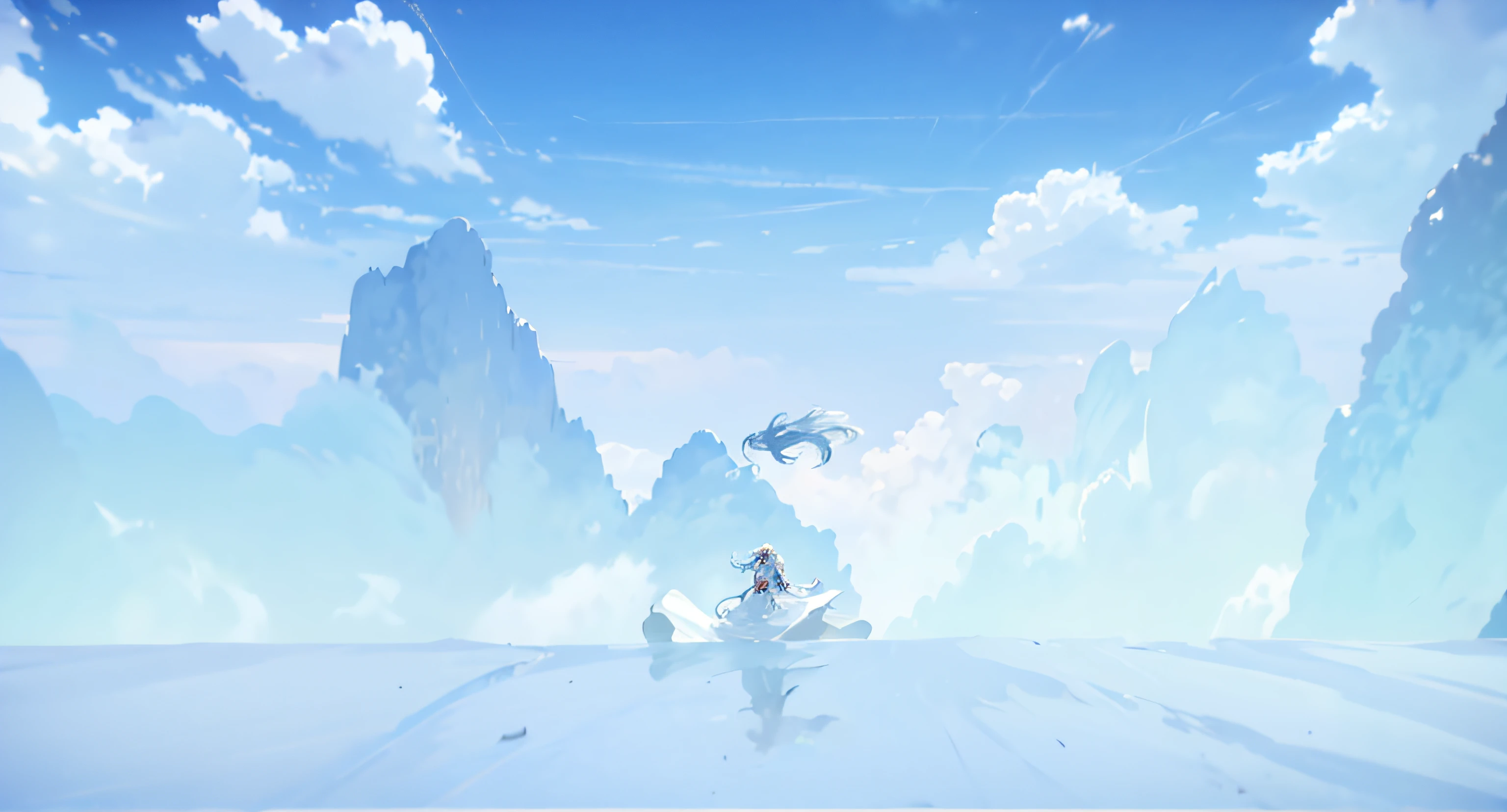tmasterpiece，best qualtiy，cinematic Film still from，1girl，Floating in the sky，​​clouds，mont